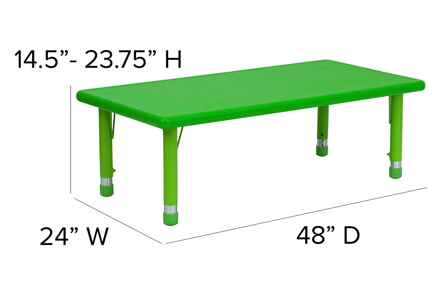 BLNK Emmy Rectangular Plastic Height Adjustable Activity Table Set - Green, 24"W x 48"L, with 6 Chairs