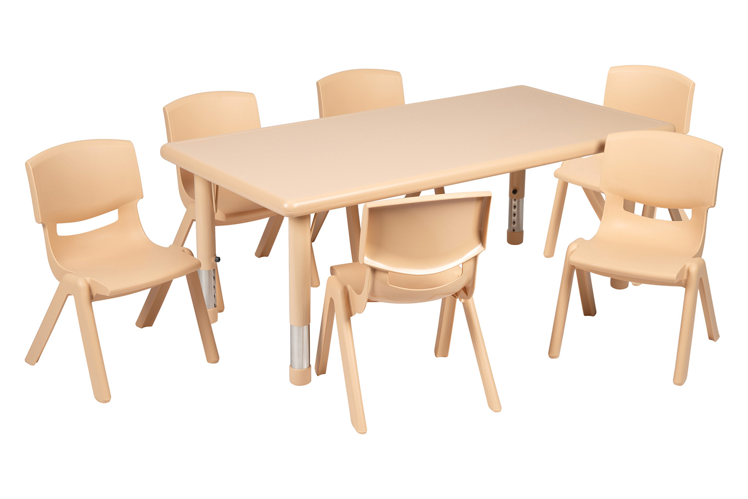 BLNK Emmy Rectangular Plastic Height Adjustable Activity Table Set - Natural, 24"W x 48"L, with 6 Chairs