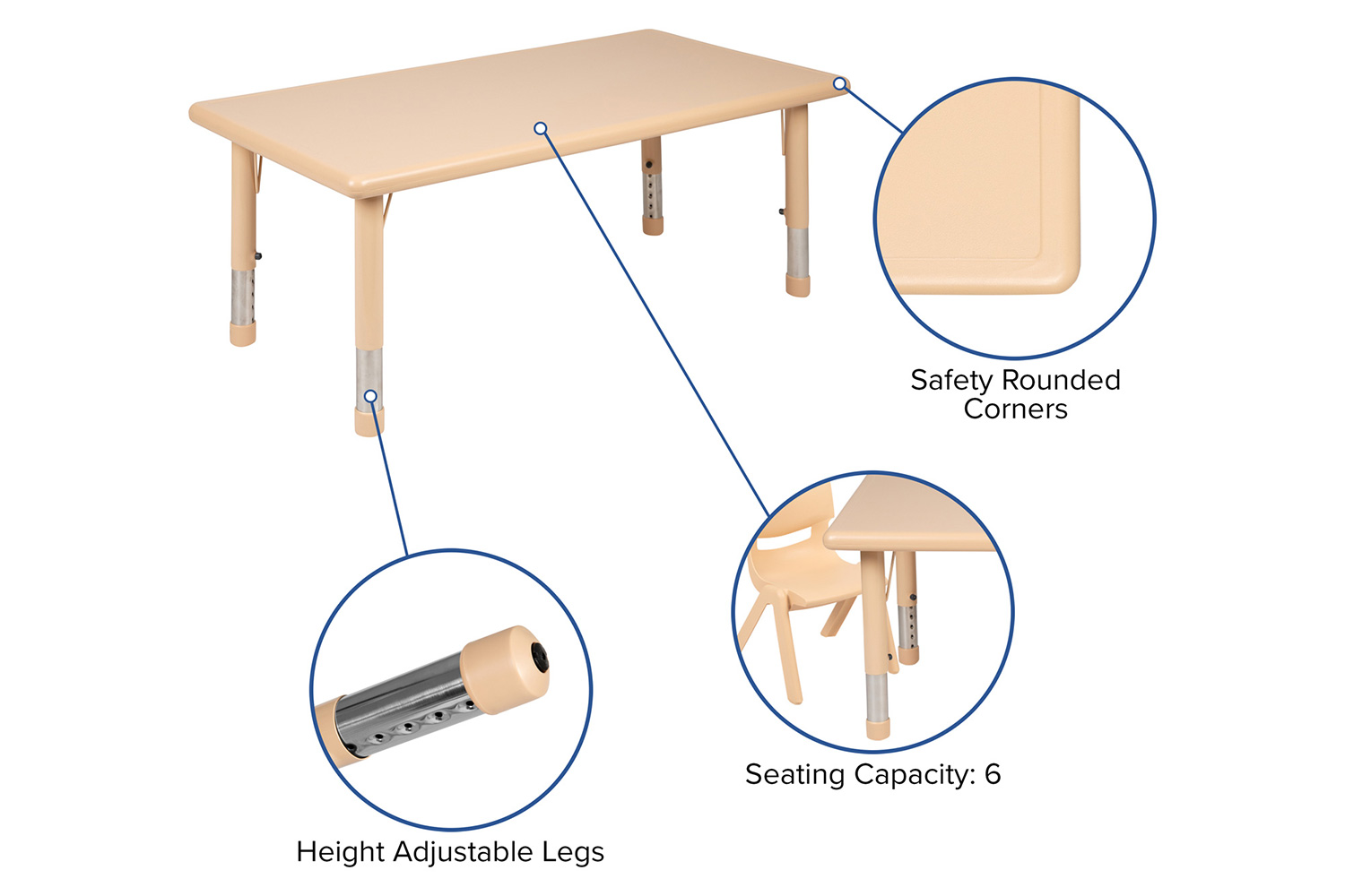 BLNK Emmy Rectangular Plastic Height Adjustable Activity Table Set - Natural, 24"W x 48"L, with 6 Chairs