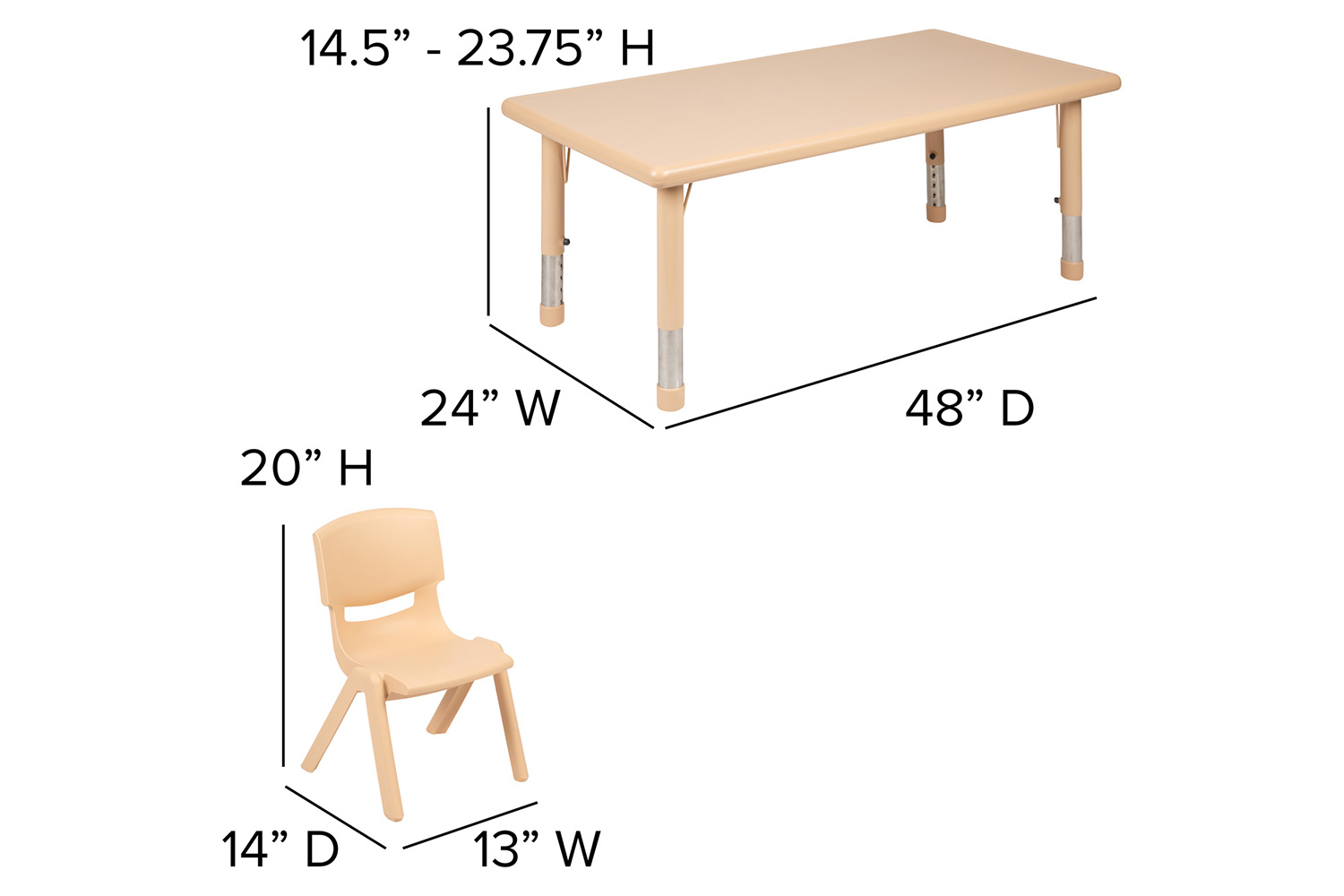 BLNK Emmy Rectangular Plastic Height Adjustable Activity Table Set - Natural, 24"W x 48"L, with 6 Chairs