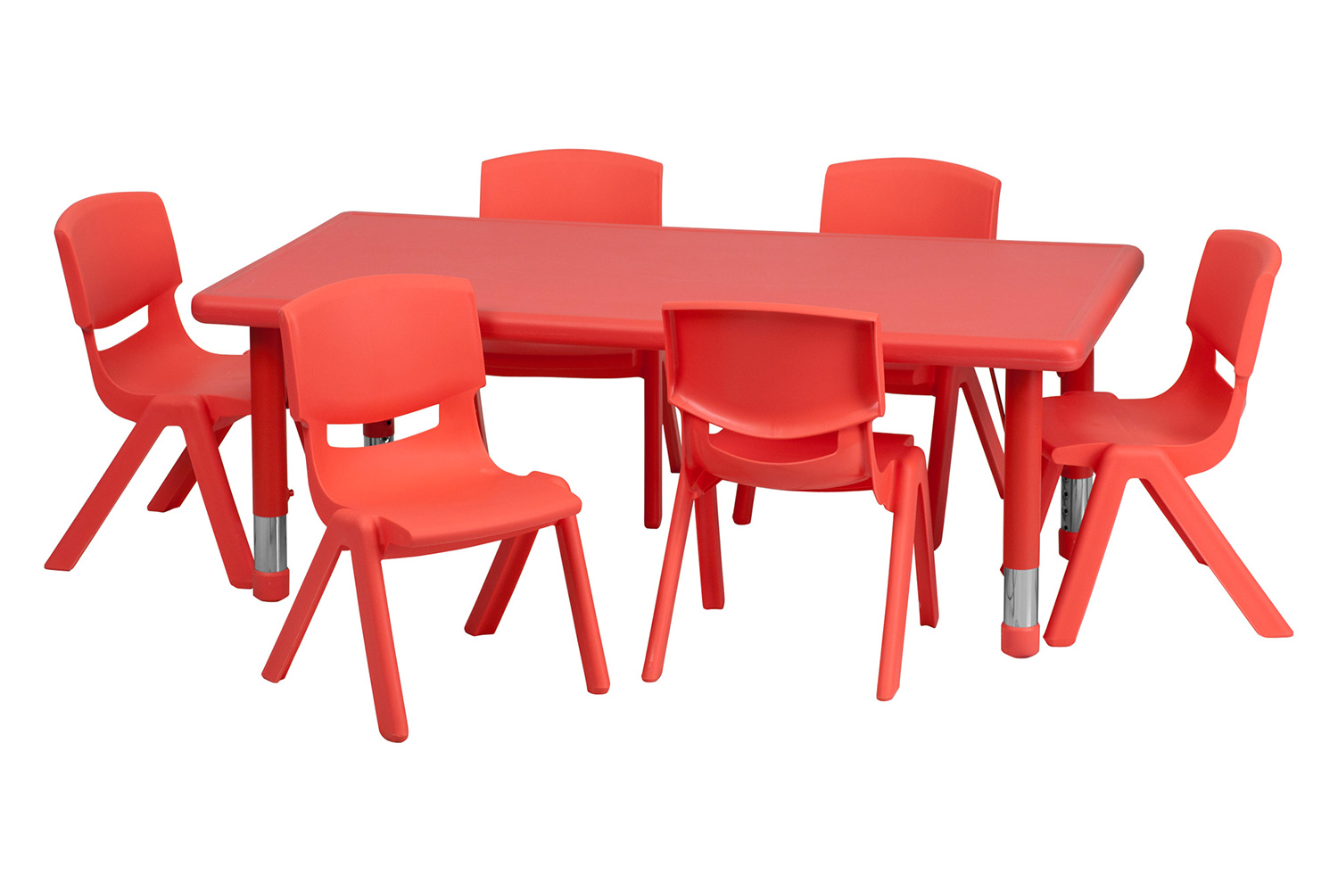 BLNK Emmy Rectangular Plastic Height Adjustable Activity Table Set - Red, 24"W x 48"L, with 6 Chairs