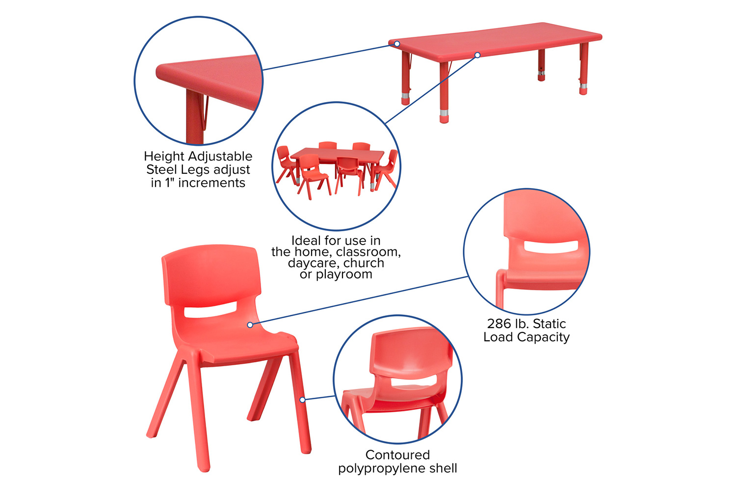 BLNK Emmy Rectangular Plastic Height Adjustable Activity Table Set - Red, 24"W x 48"L, with 6 Chairs