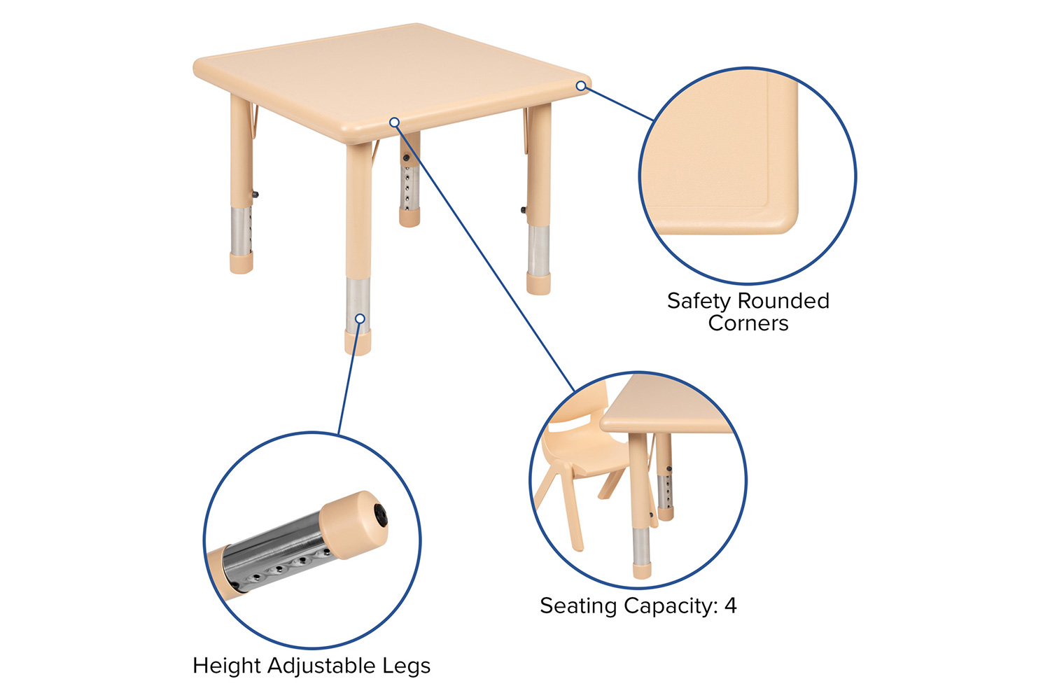 BLNK Wren Square Plastic Adjustable Activity Table - Natural