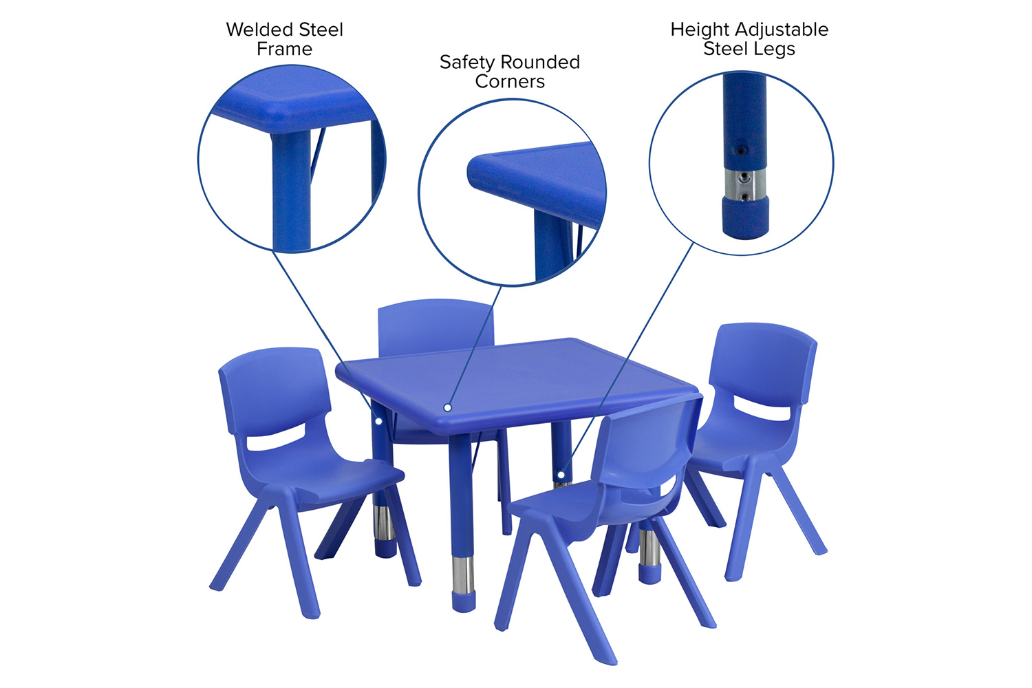BLNK Emmy Square Plastic Height Adjustable Activity Table Set - Blue, 24"W, with 4 Chairs