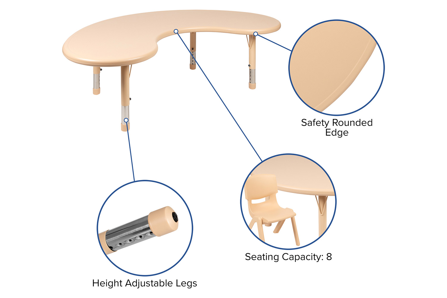 BLNK Emmy Half-Moon Plastic Height Adjustable Activity Table Set with 4 Chairs - Natural