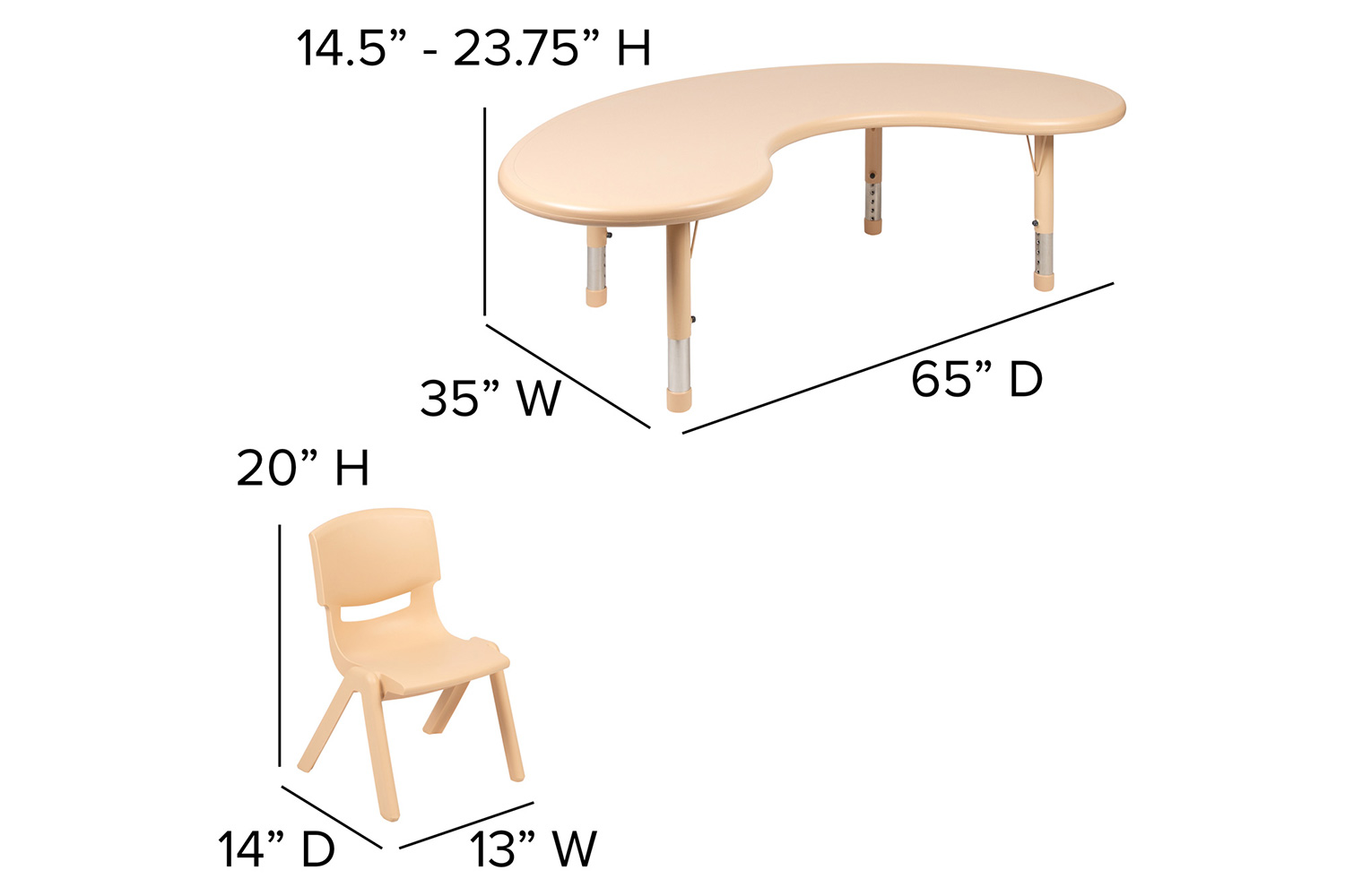 BLNK Emmy Half-Moon Plastic Height Adjustable Activity Table Set with 4 Chairs - Natural
