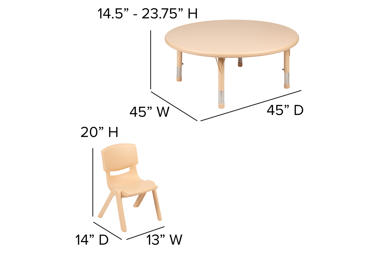 BLNK Emmy Round Plastic Height Adjustable Activity Table Set - Natural, 45"D, with 4 Chairs