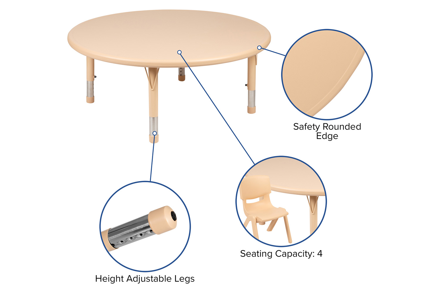 BLNK Emmy Round Plastic Height Adjustable Activity Table Set - Natural, 45"D, with 2 Chairs