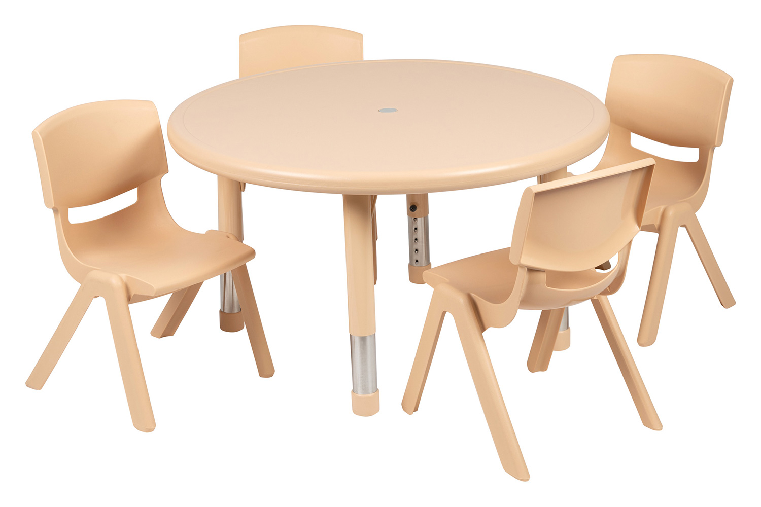 BLNK Emmy Round Plastic Height Adjustable Activity Table Set - Natural, 33"D, with 4 Chairs
