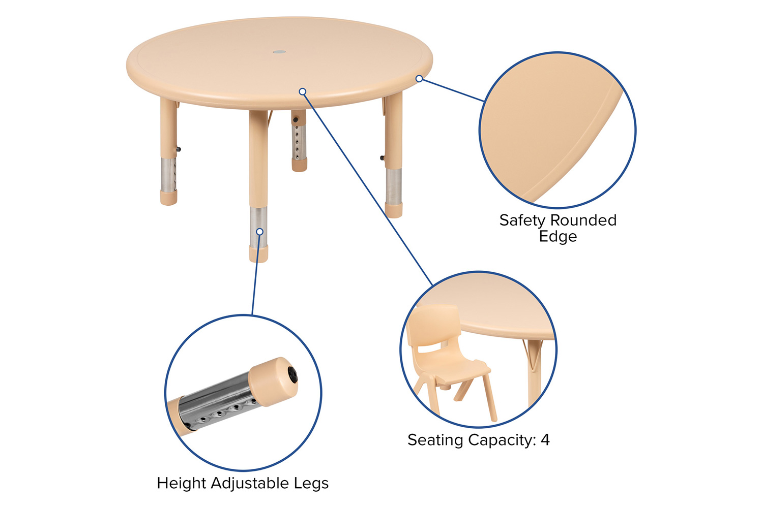 BLNK Emmy Round Plastic Height Adjustable Activity Table Set - Natural, 33"D, with 2 Chairs