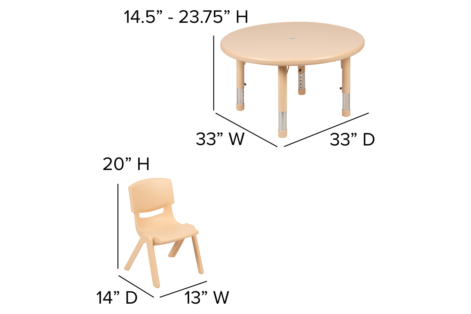 BLNK Emmy Round Plastic Height Adjustable Activity Table Set - Natural, 33"D, with 2 Chairs