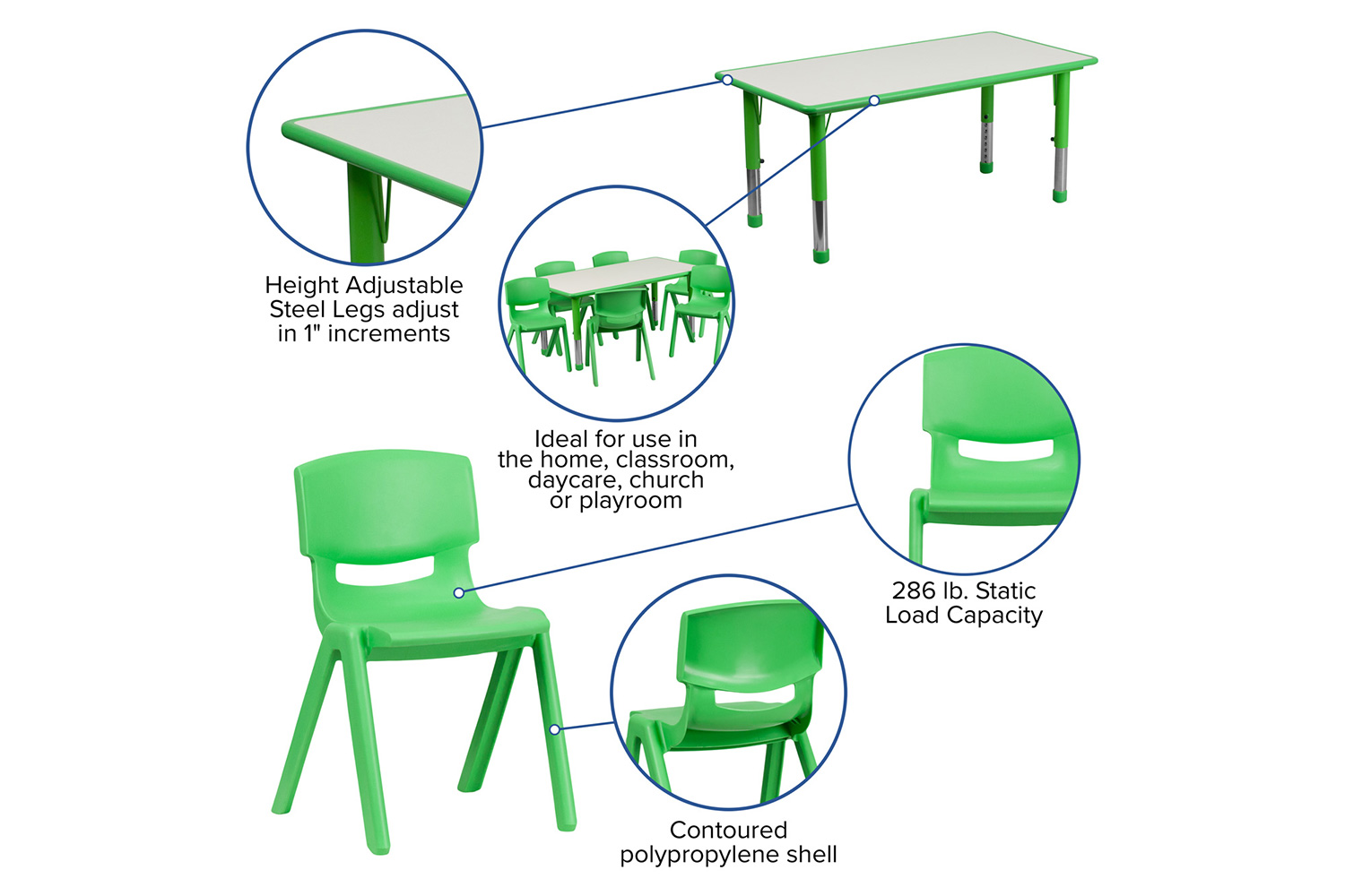 BLNK Emmy Rectangular Plastic Height Adjustable Activity Table Set - Green, 23.625"W x 47.25"L, with 6 Chairs