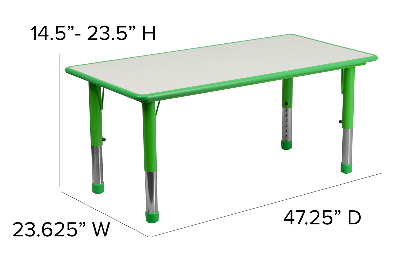BLNK Emmy Rectangular Plastic Height Adjustable Activity Table Set - Green, 23.625"W x 47.25"L, with 6 Chairs