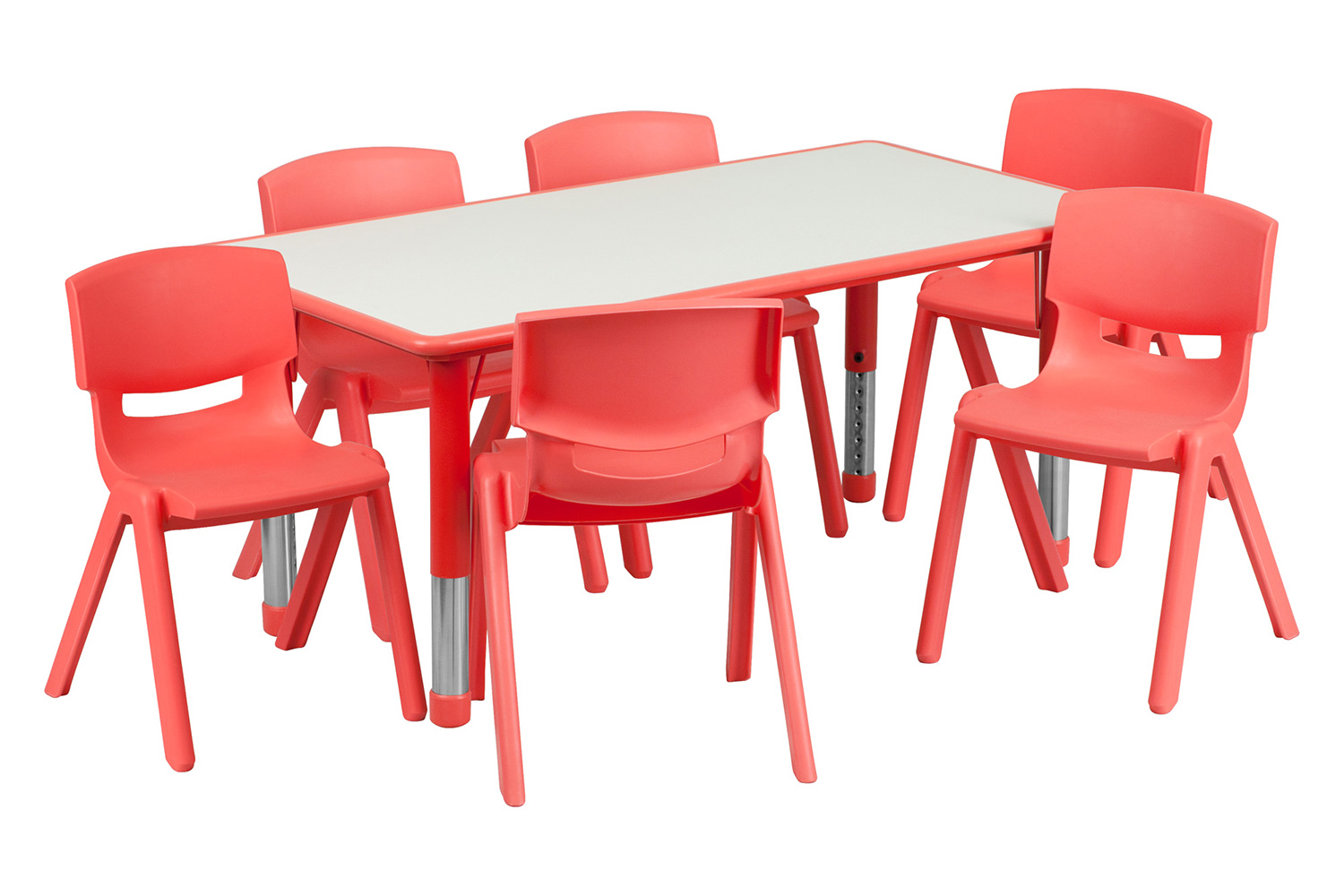 BLNK Emmy Rectangular Plastic Height Adjustable Activity Table Set - Red, 23.625"W x 47.25"L, with 6 Chairs