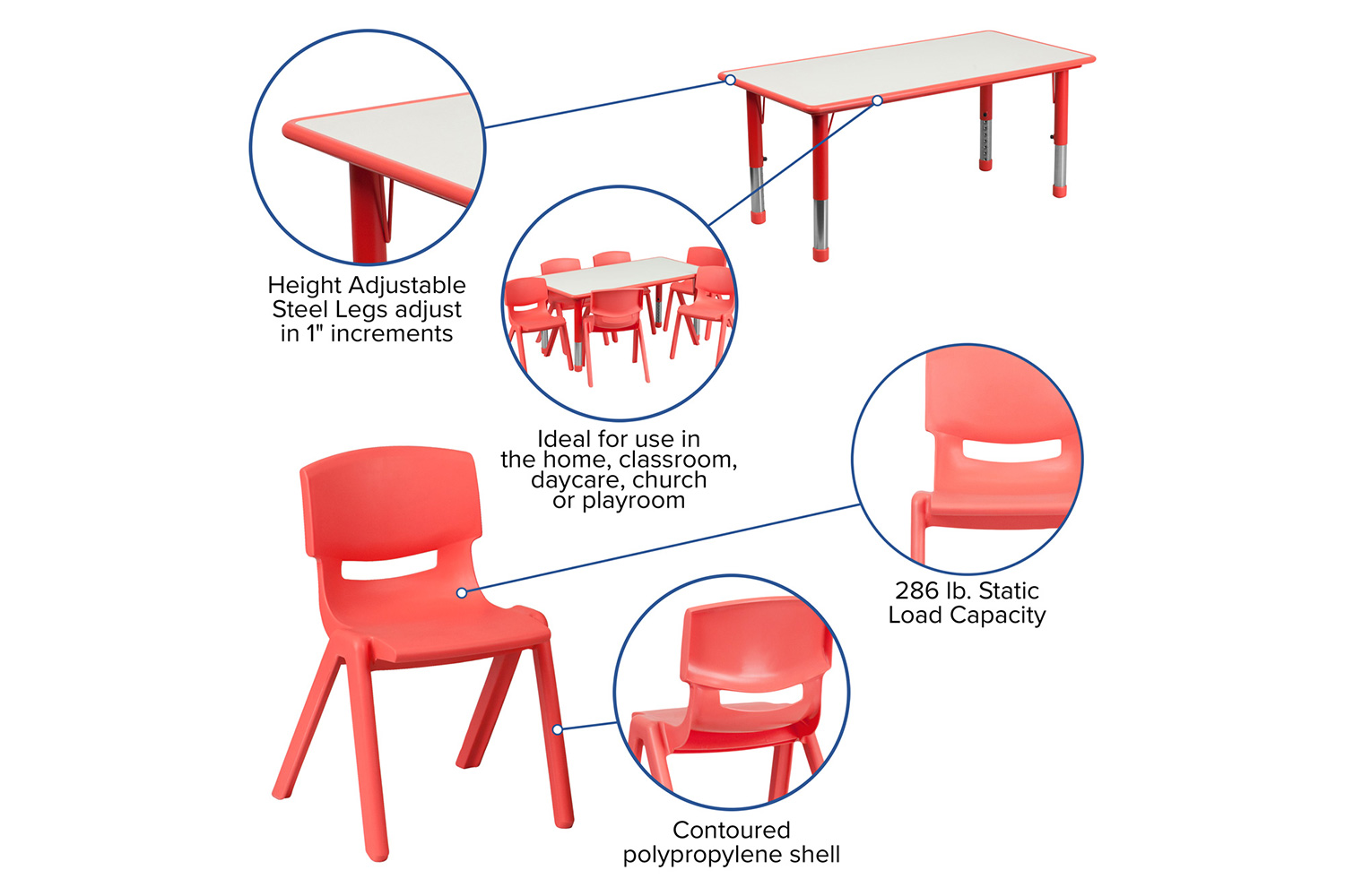 BLNK Emmy Rectangular Plastic Height Adjustable Activity Table Set - Red, 23.625"W x 47.25"L, with 6 Chairs