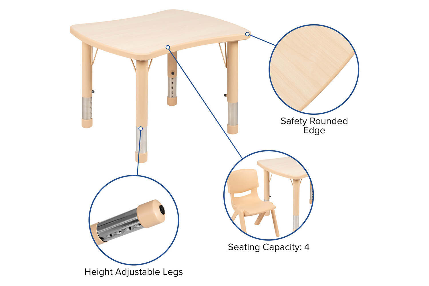 BLNK Emmy Rectangular Plastic Height Adjustable Activity Table Set - Natural, 21.875"W x 26.625"L, with 2 Chairs