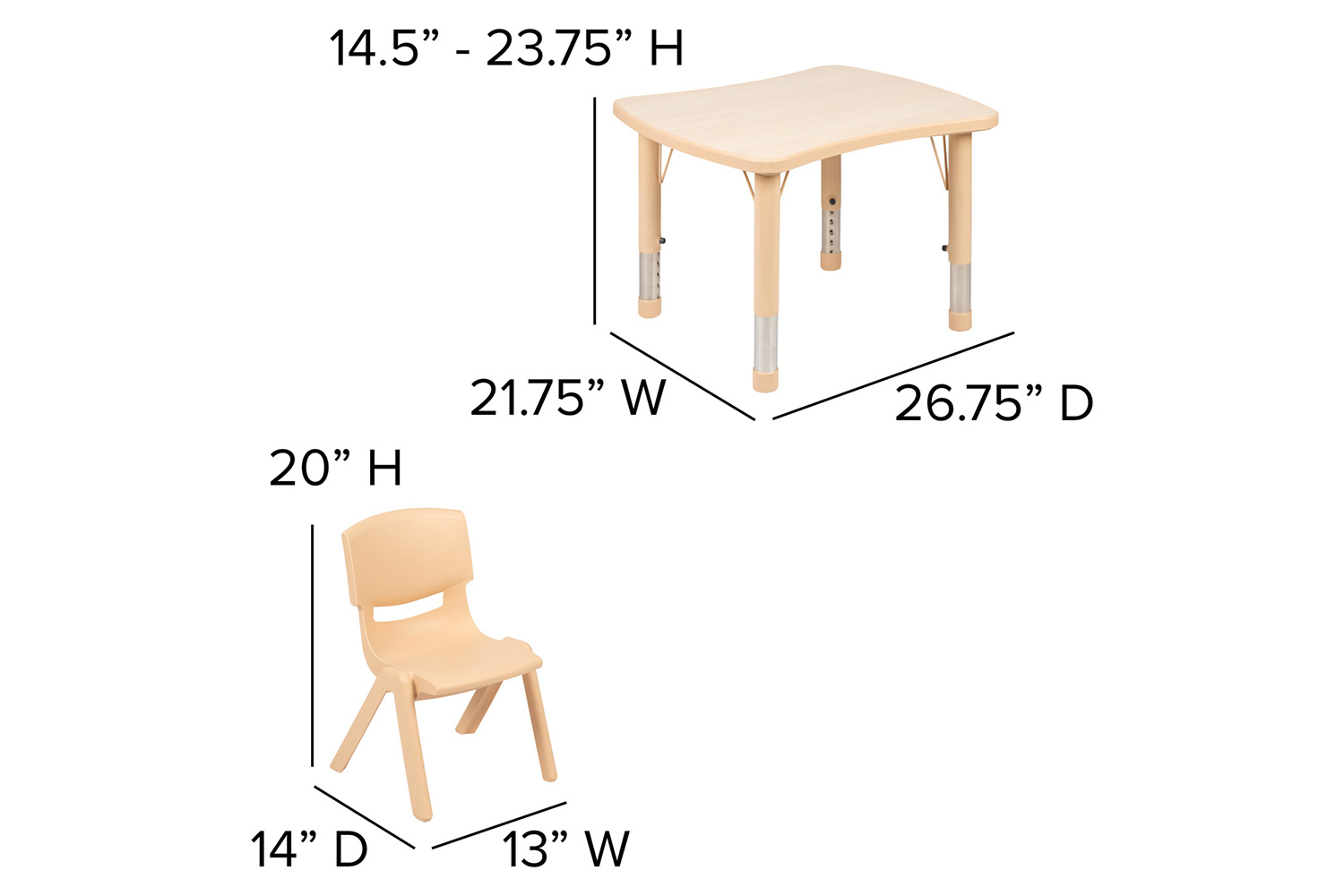 BLNK Emmy Rectangular Plastic Height Adjustable Activity Table Set - Natural, 21.875"W x 26.625"L, with 2 Chairs