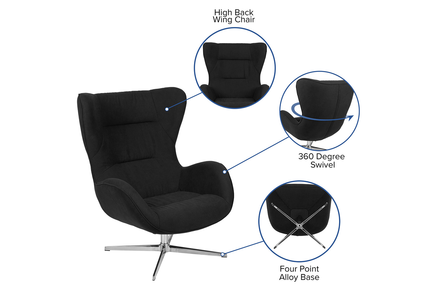 BLNK Rally Fabric Swivel Wing Chair - Black