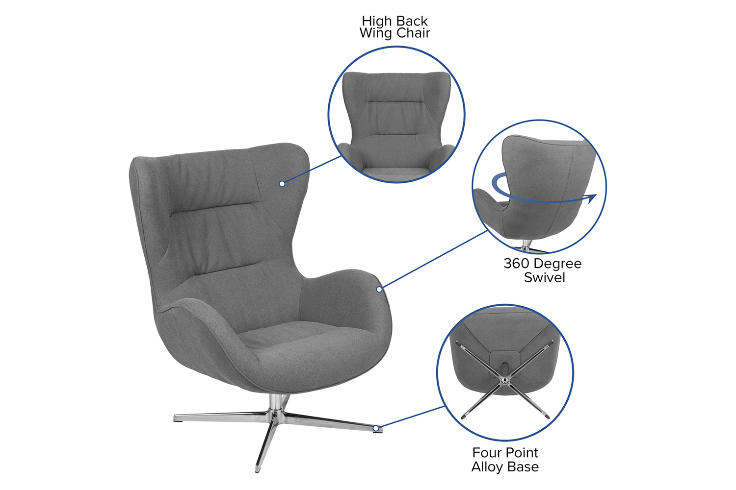 BLNK Rally Fabric Swivel Wing Chair - Gray