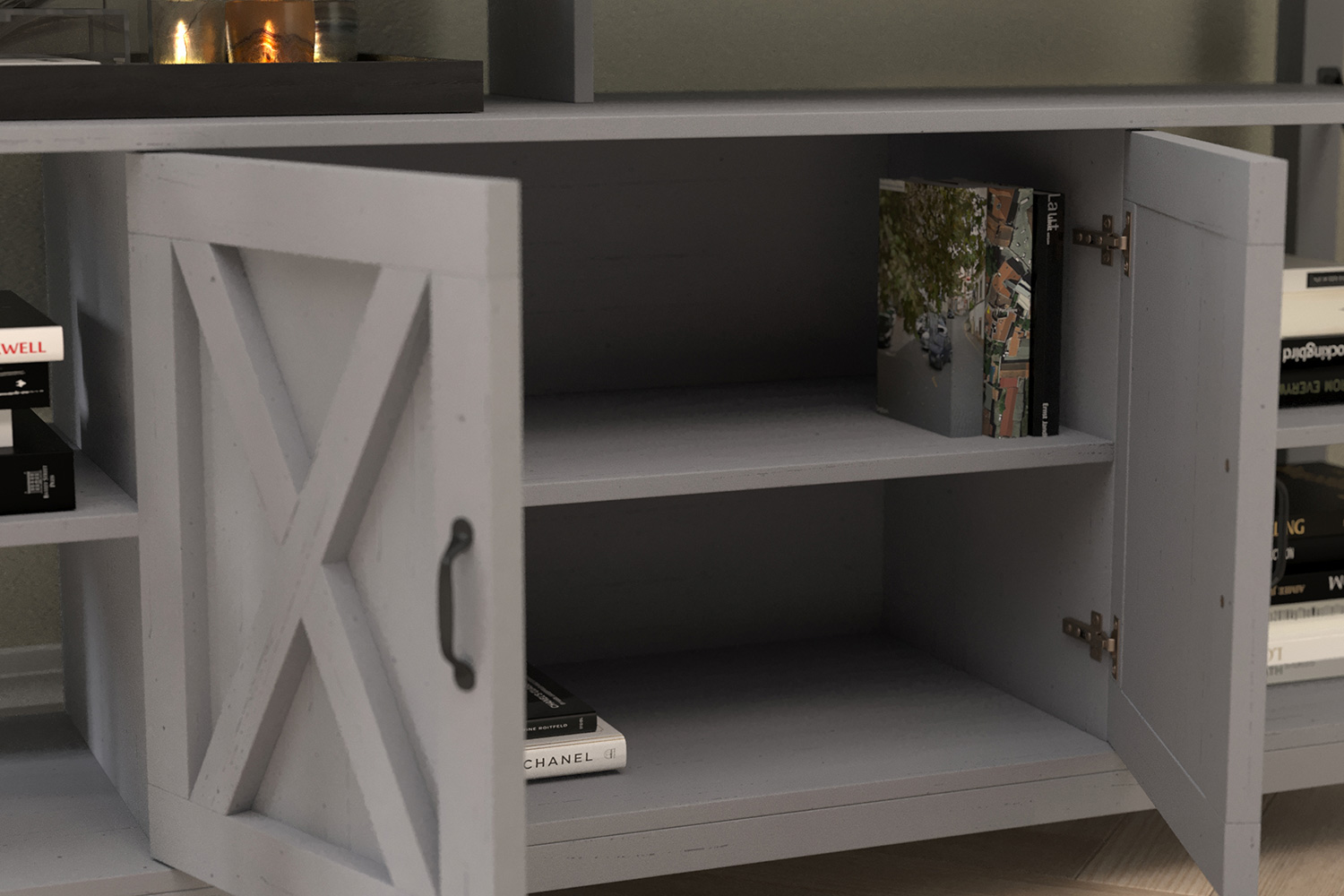 BLNK Wyatt Modern Farmhouse Tall TV Console Cabinet with Storage Cabinets and Shelves for TV's up to 60" - Coastal Gray