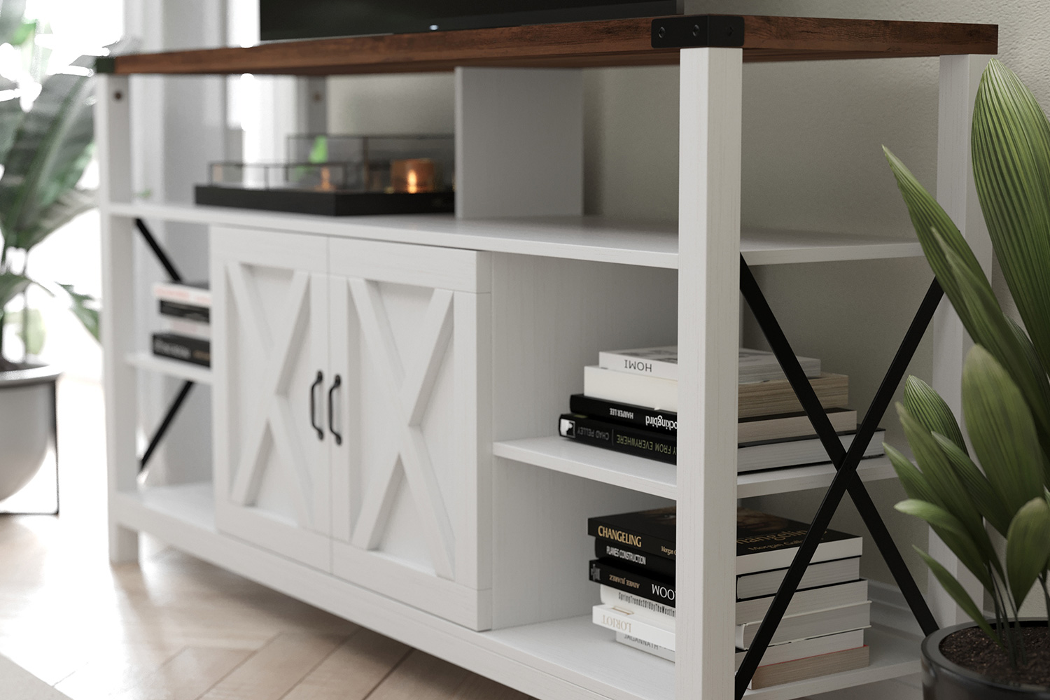 BLNK Wyatt Modern Farmhouse Tall TV Console Cabinet with Storage Cabinets and Shelves for TV's up to 60" - White/Rustic Oak