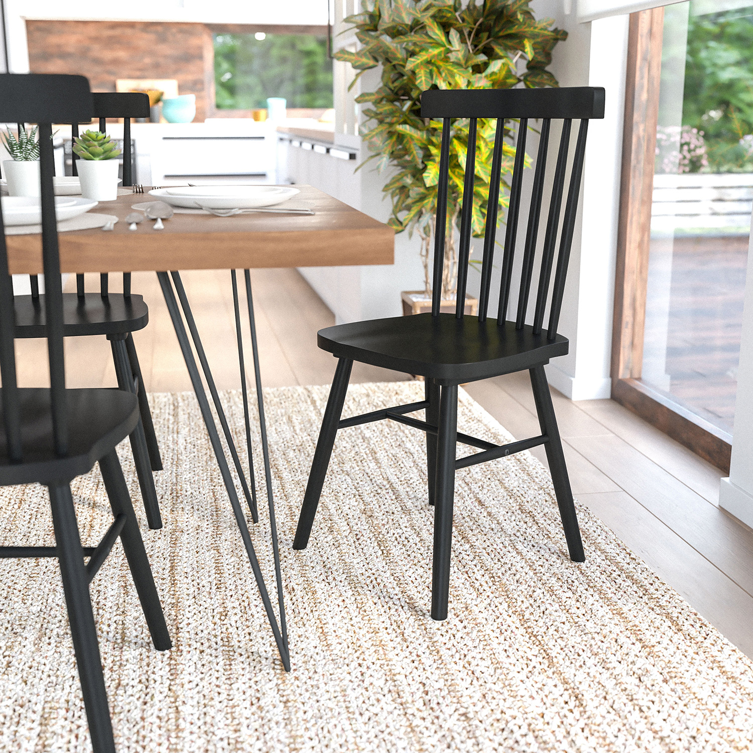 BLNK - Ingrid Commercial Windsor Dining Chairs, Solid Wood Armless Spindle Back Restaurant Dining Chairs Set of 2