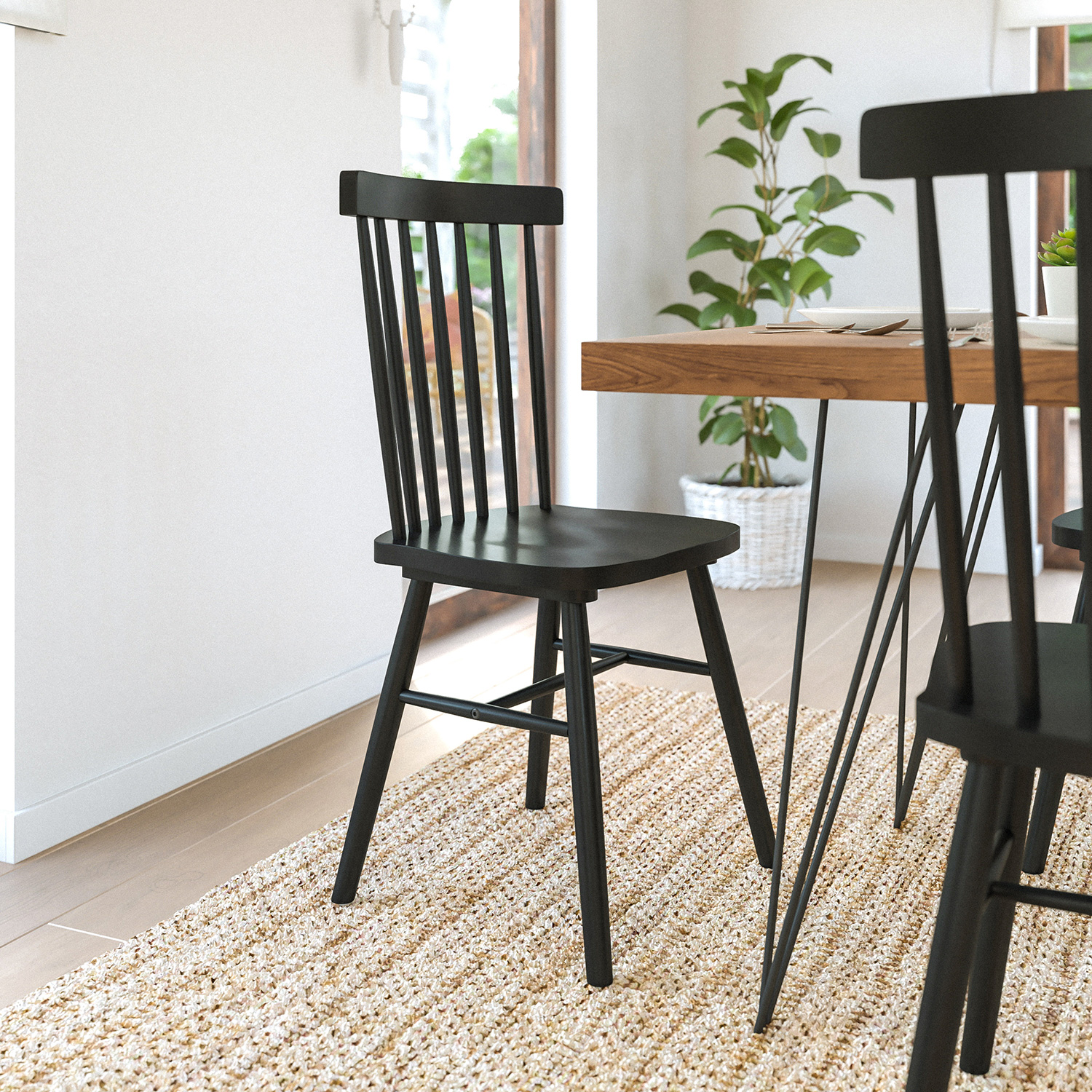 BLNK Ingrid Commercial Windsor Dining Chairs, Solid Wood Armless Spindle Back Restaurant Dining Chairs Set of 2 - Black