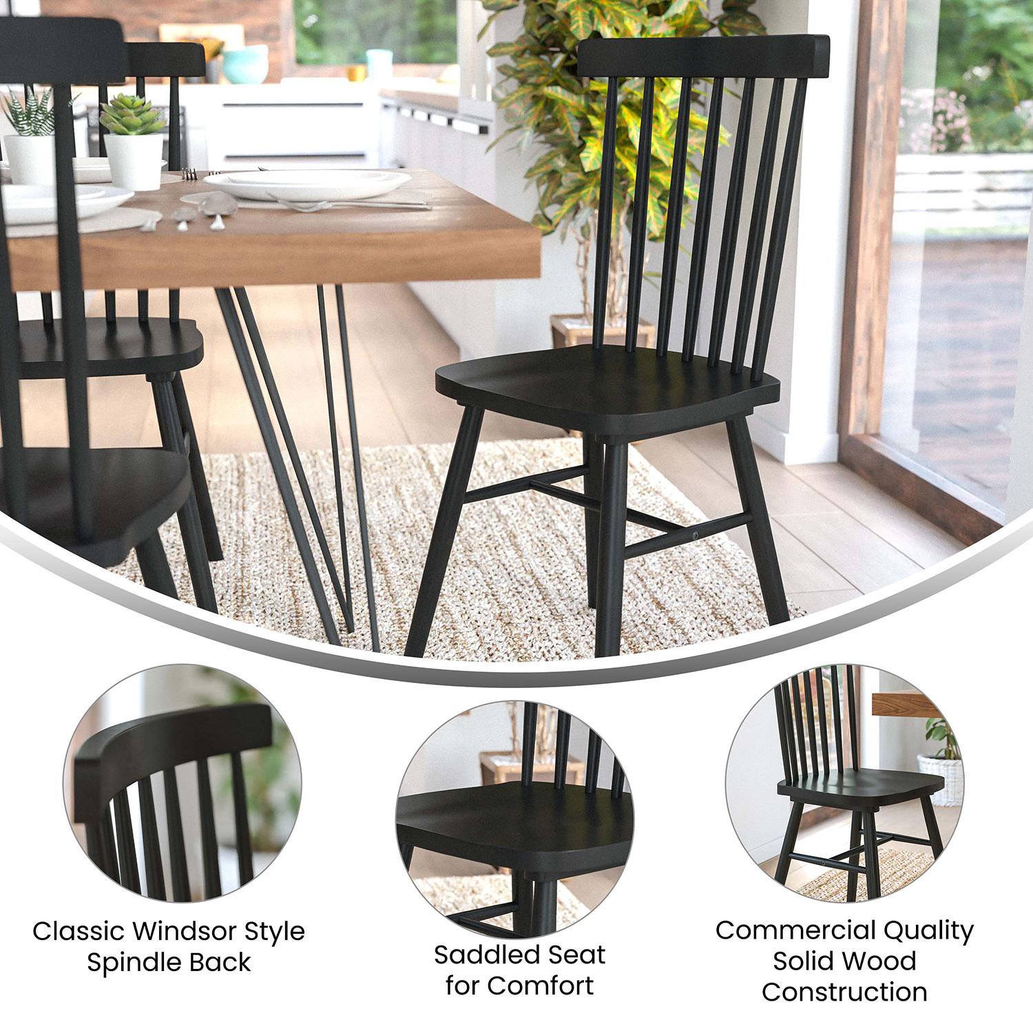 BLNK Ingrid Commercial Windsor Dining Chairs, Solid Wood Armless Spindle Back Restaurant Dining Chairs Set of 2 - Black