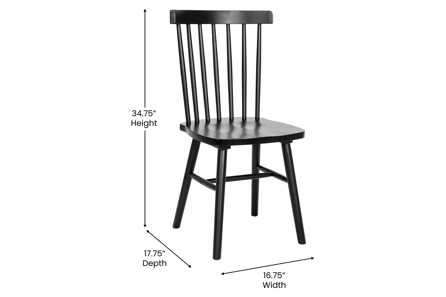 BLNK Ingrid Commercial Windsor Dining Chairs, Solid Wood Armless Spindle Back Restaurant Dining Chairs Set of 2 - Black