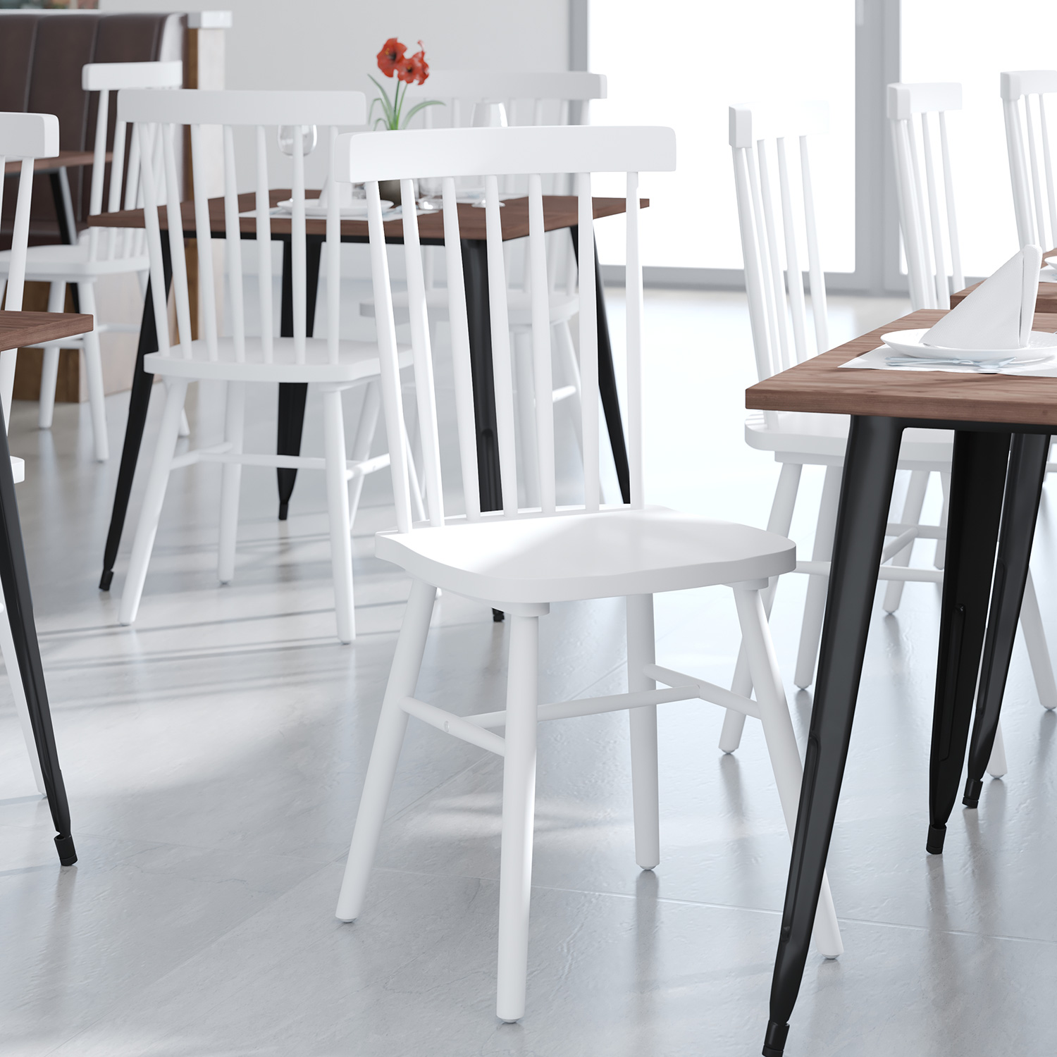 BLNK Ingrid Commercial Windsor Dining Chairs, Solid Wood Armless Spindle Back Restaurant Dining Chairs Set of 2 - White