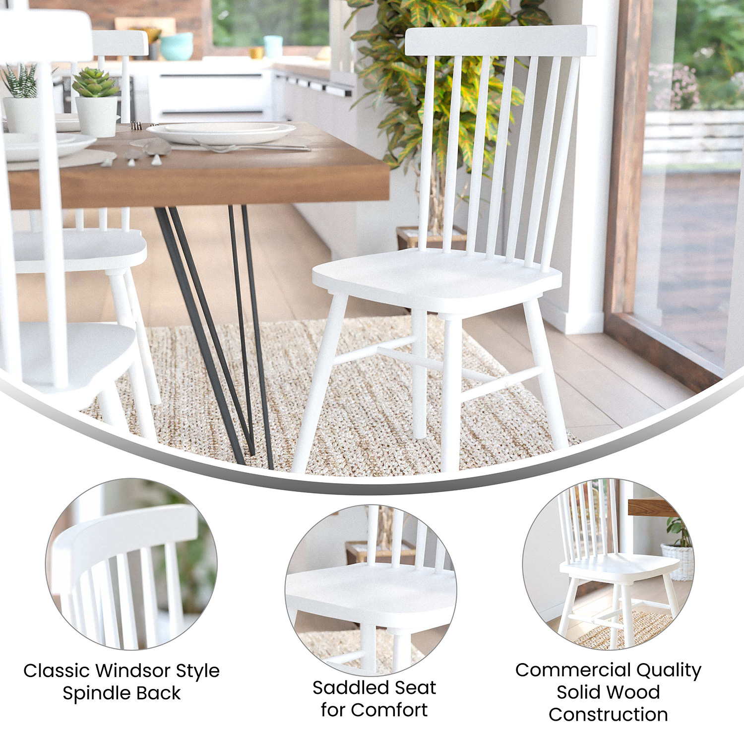 BLNK Ingrid Commercial Windsor Dining Chairs, Solid Wood Armless Spindle Back Restaurant Dining Chairs Set of 2 - White