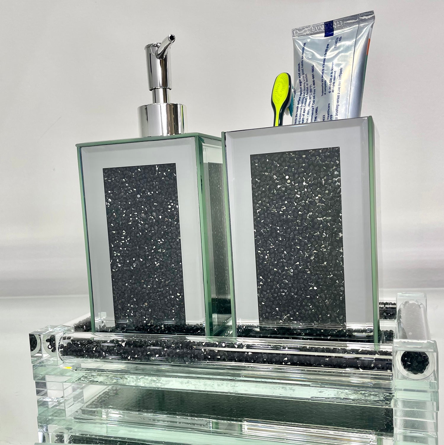 Furnings - Square Soap Dispenser and Toothbrush Holder with Tray, Black Crushed Diamond Glass
