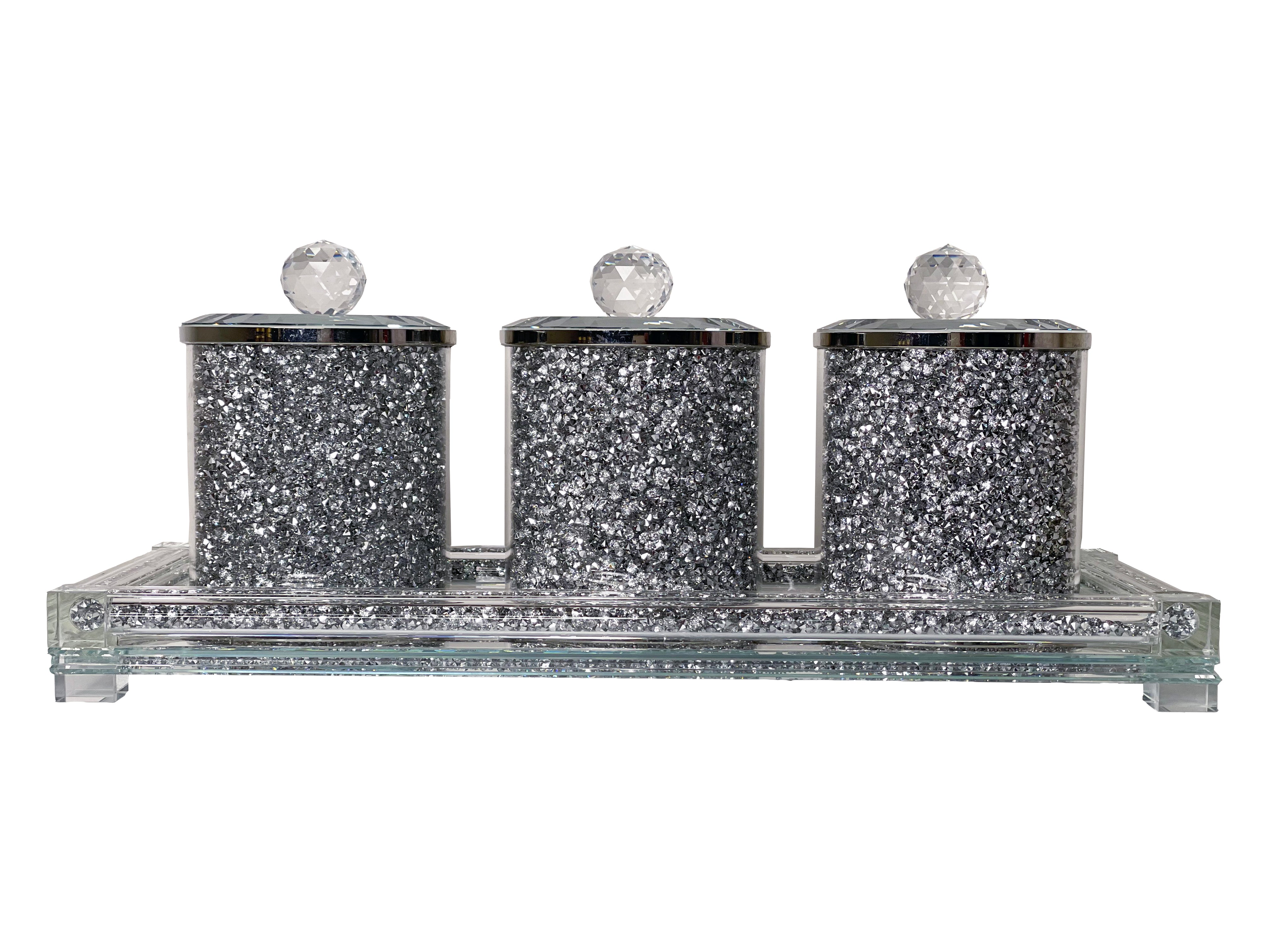 Furnings Three Glass Canister Set on a Tray, Silver Crushed Diamond Glass - 8"H x 4"D