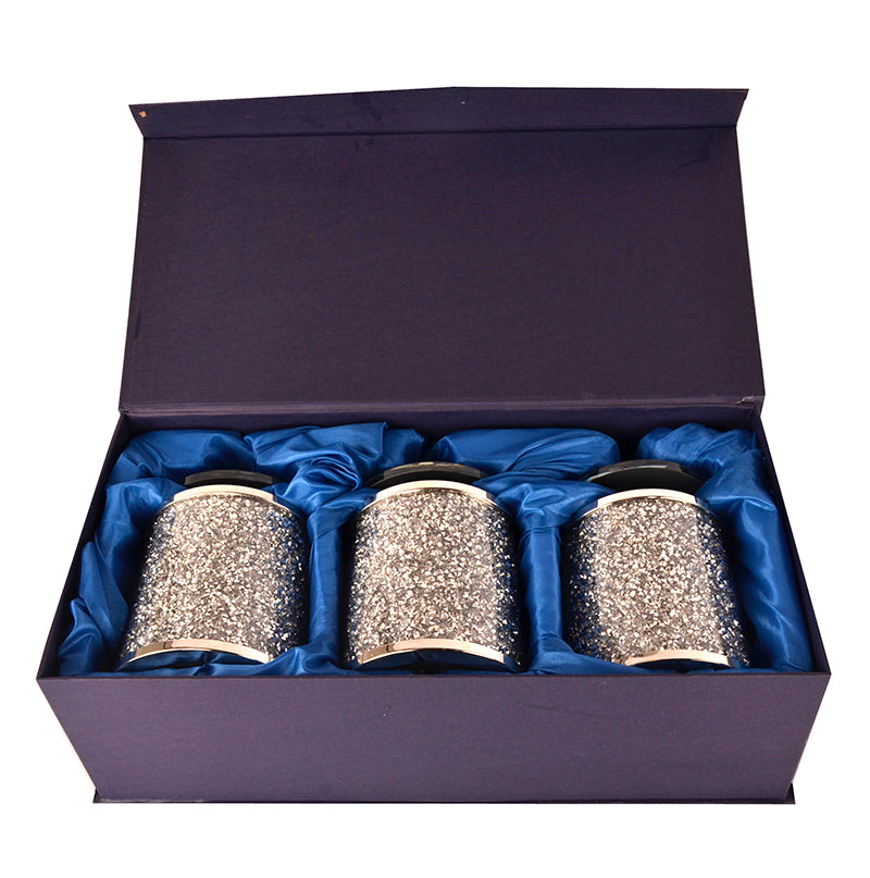 Furnings Three Glass Canister Set on a Tray, Silver Crushed Diamond Glass - 8"H x 4"D
