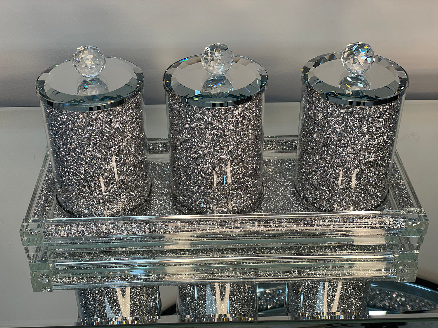 Furnings Three Glass Canister Set on a Tray, Silver Crushed Diamond Glass - 8"H x 4"D