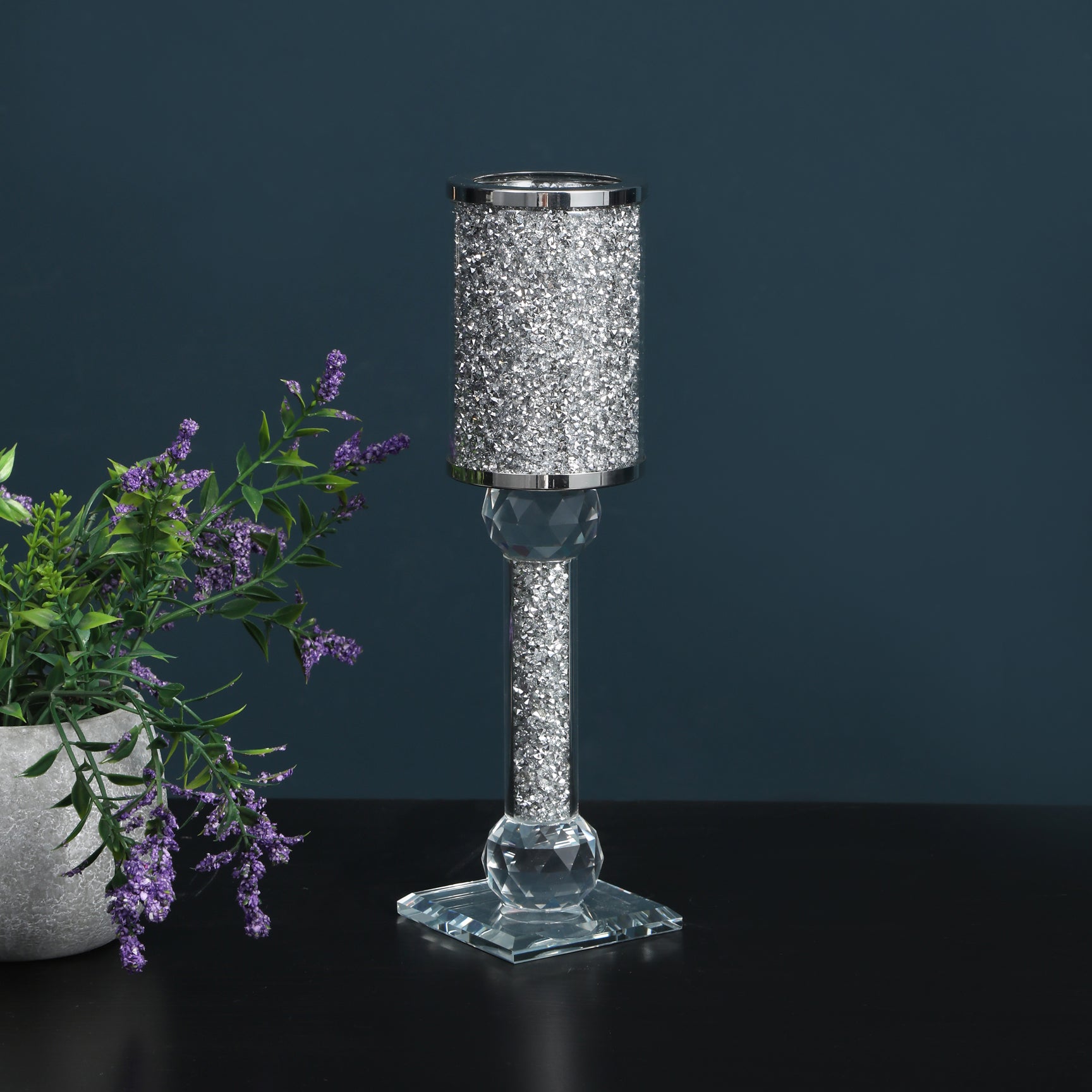 Furnings Ambrose Exquisite Candle Holder in Gift Box, Silver Crushed Diamonds Glass - 12.25"H x 2.75"D