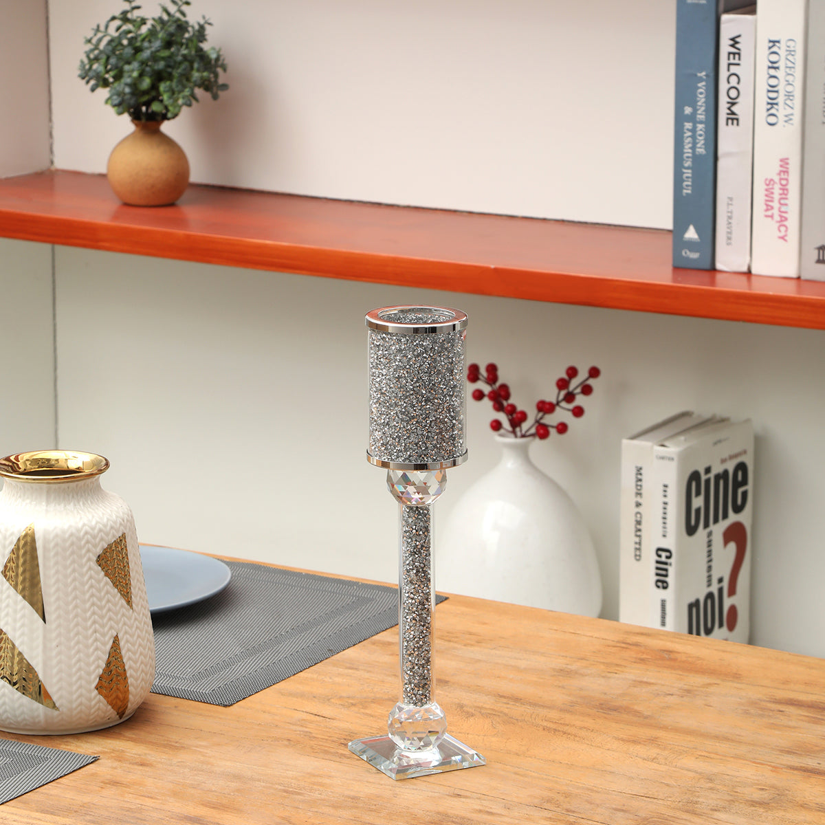 Furnings Ambrose Exquisite Candle Holder in Gift Box, Silver Crushed Diamonds Glass - 12.25"H x 2.75"D
