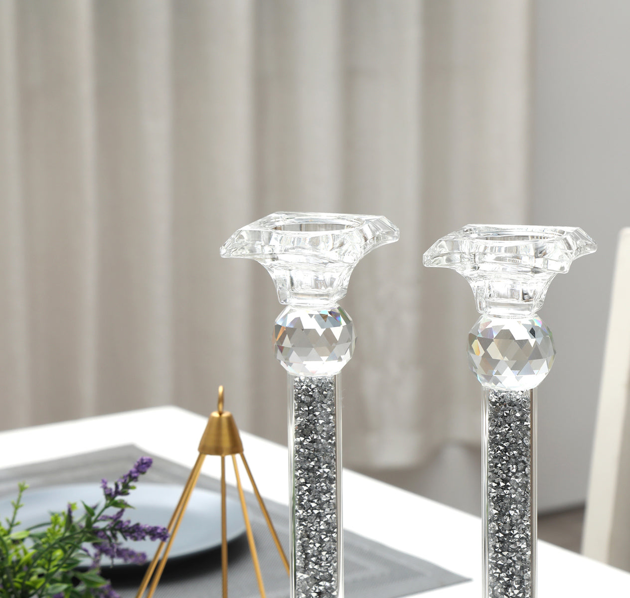 Furnings - Ambrose 2 Candle Holder Set in Gift Box, Silver Crushed Diamonds Glass