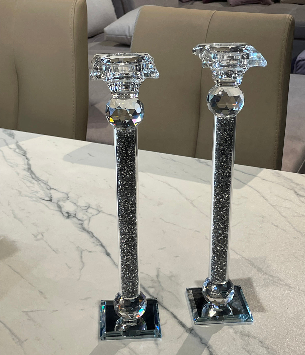 Furnings - Ambrose 2 Candle Holder Set in Gift Box, Silver Crushed Diamonds Glass