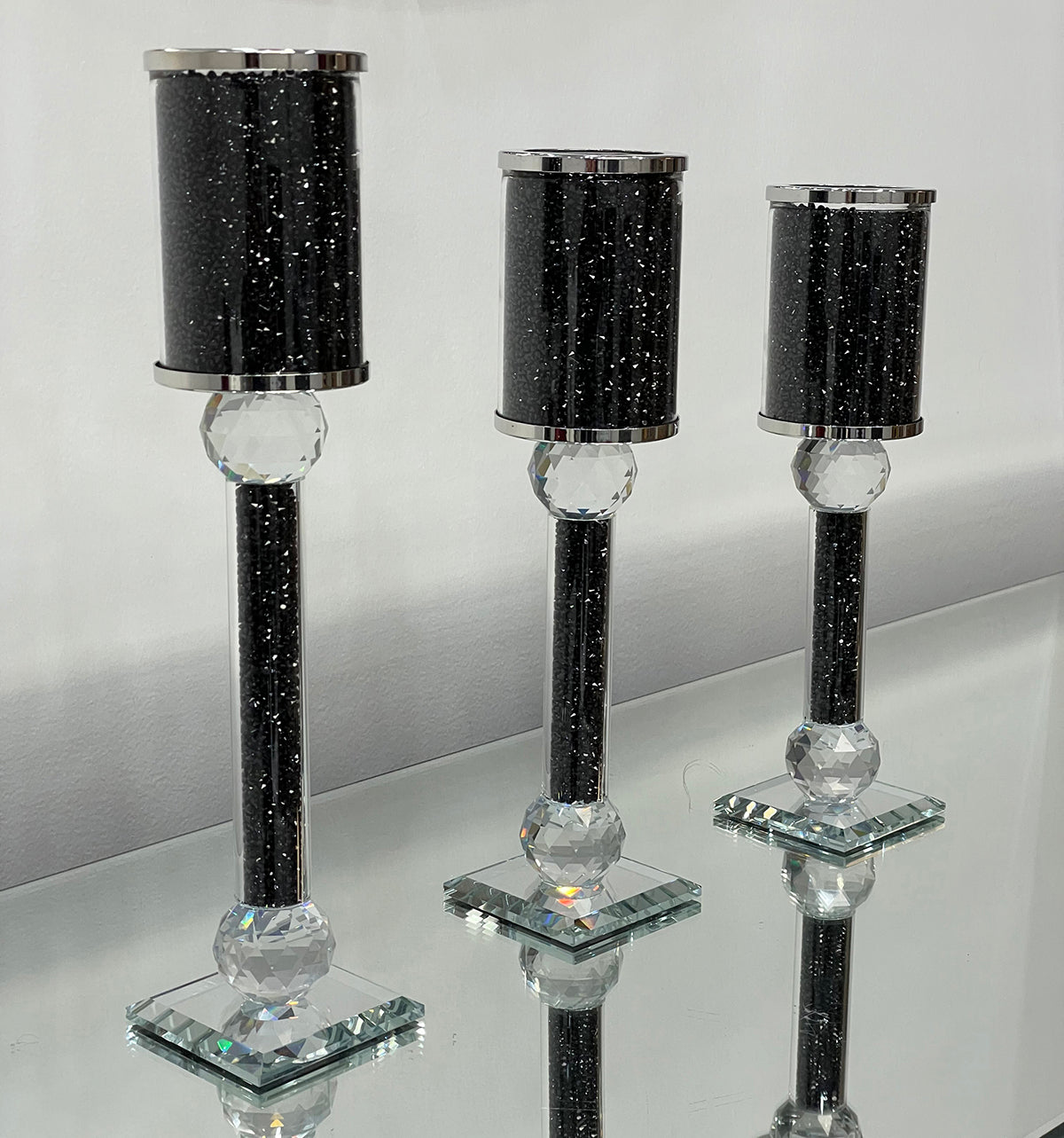Furnings Ambrose 3 Candles Holder Set, Black Crushed Diamonds Glass
