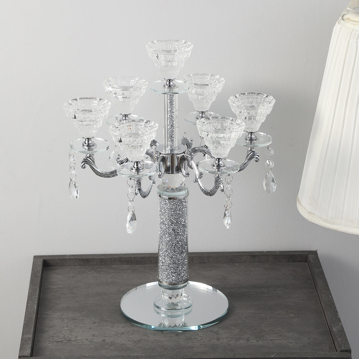 Furnings - Ambrose 7 Candles Holder with Pendants, Silver Crushed Diamonds Glass