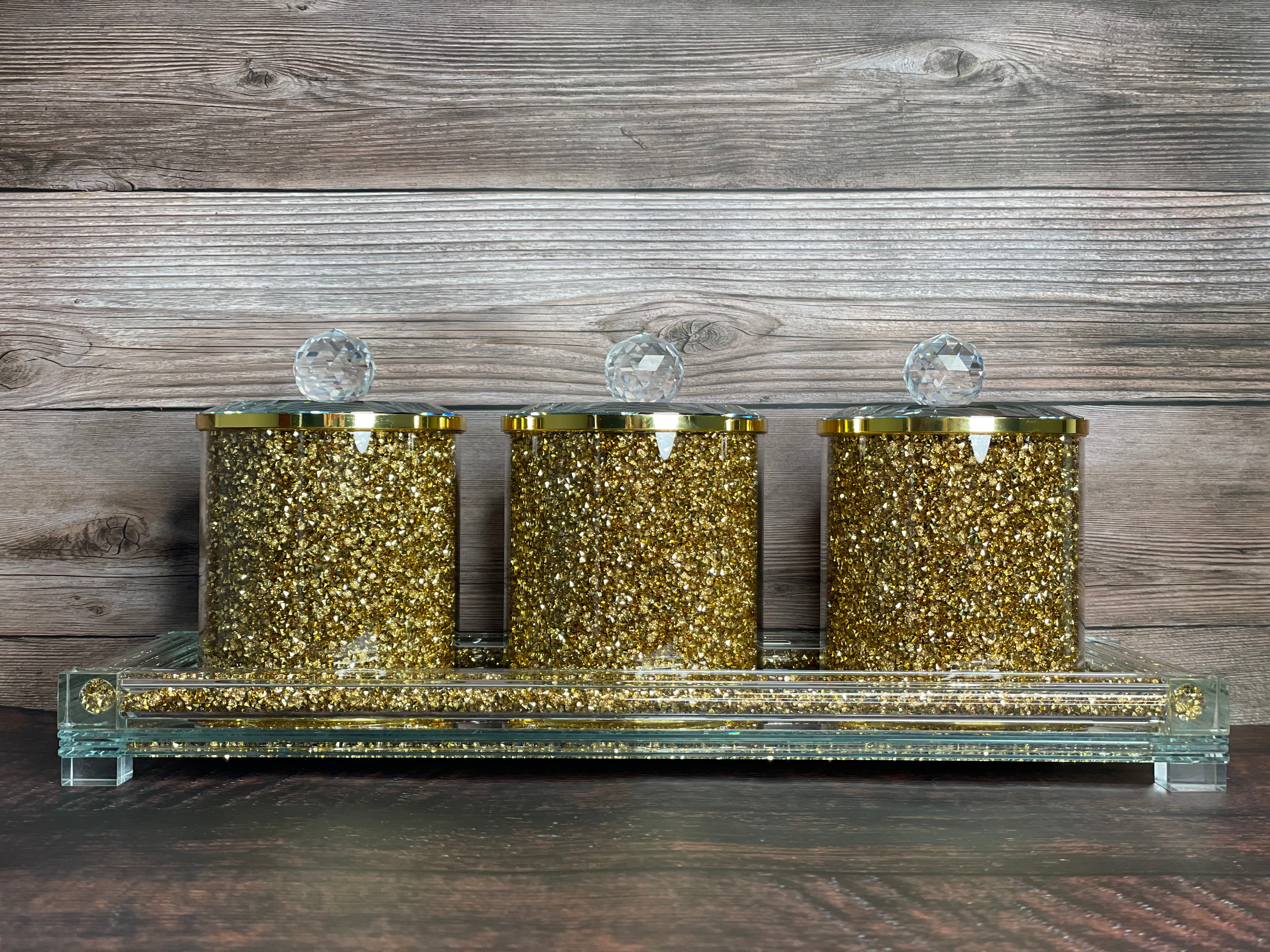 Furnings Three Glass Canister Set on a Tray, Gold Crushed Diamond Glass - 5.5"H x 4"D