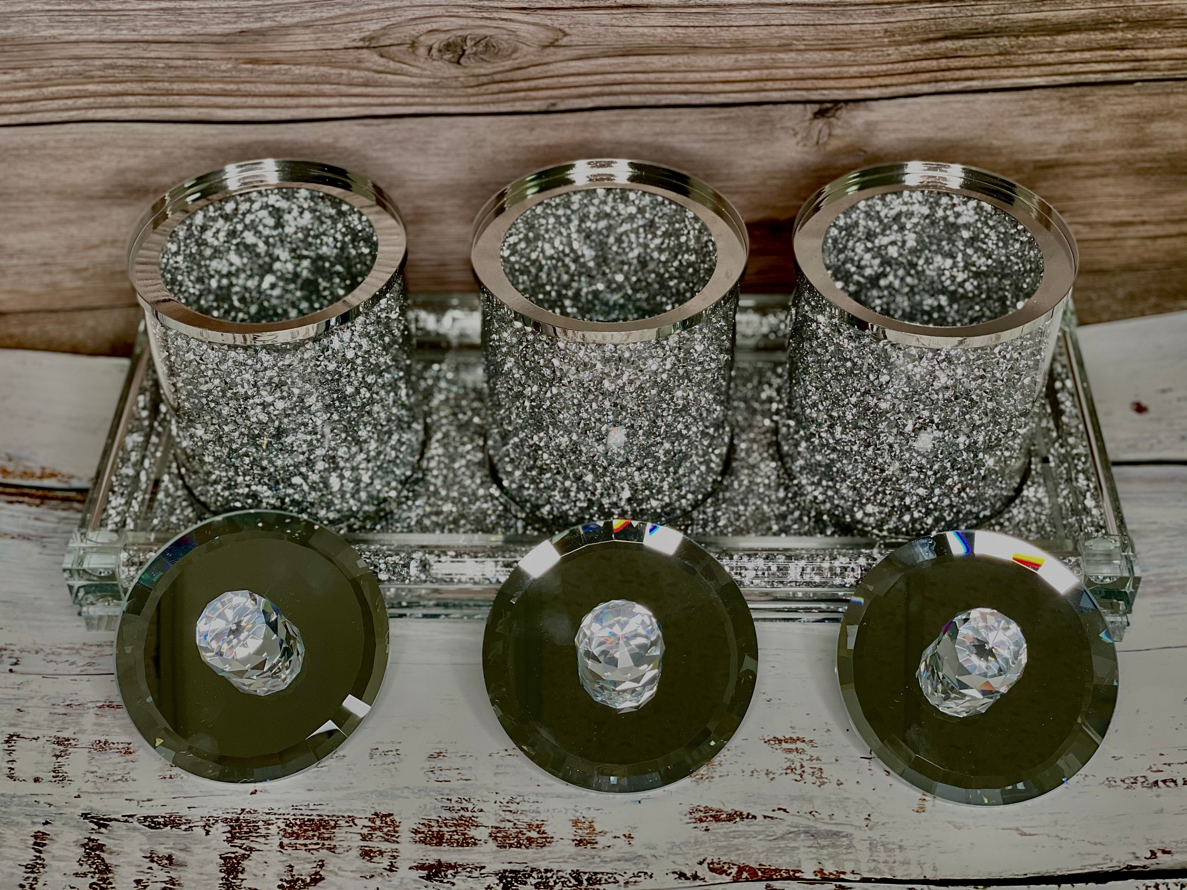 Furnings Three Glass Canister Set on a Tray, Silver Crushed Diamond Glass - 5.5"H x 4D