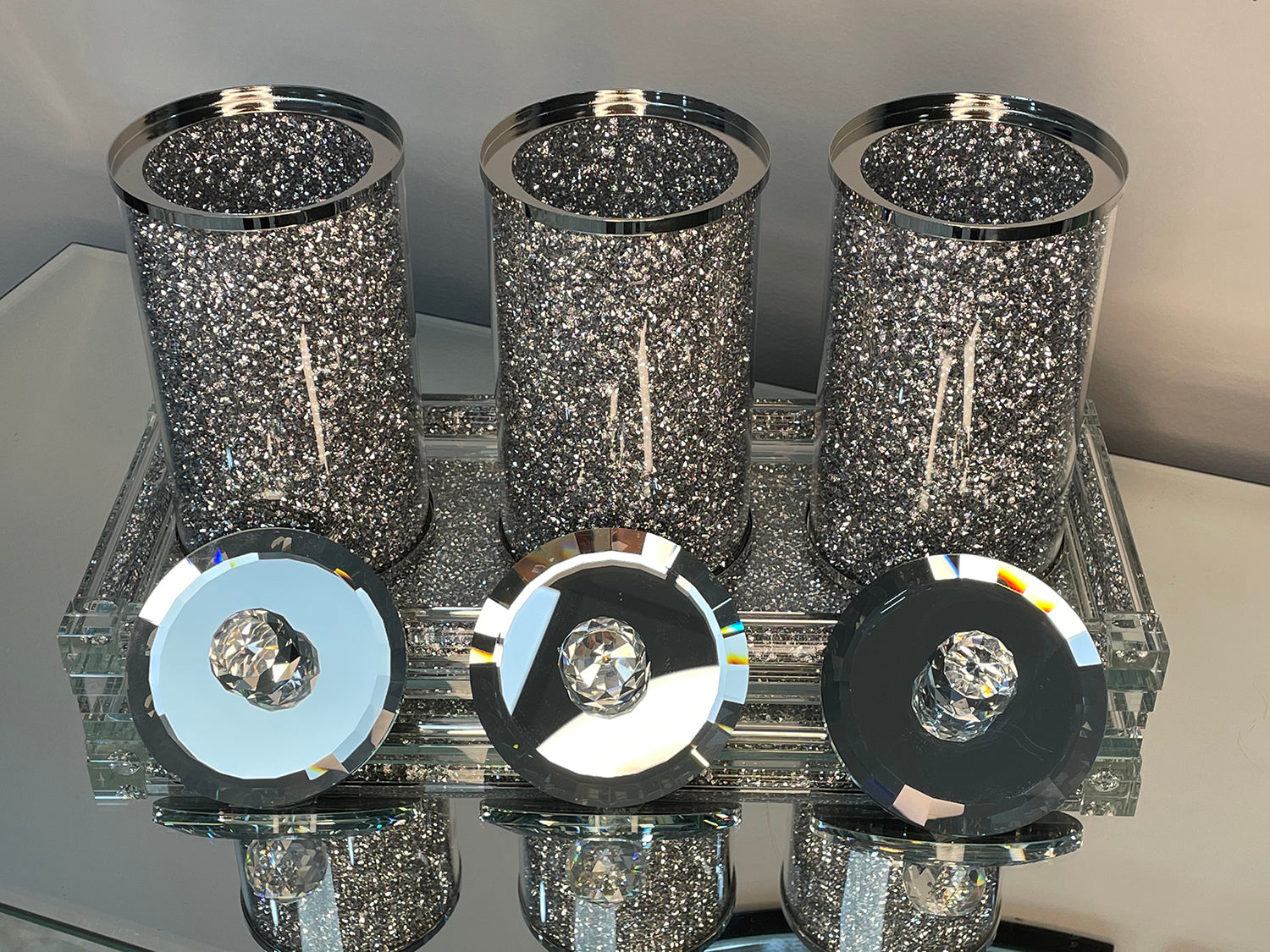 Furnings Three Glass Canister Set on a Tray, Silver Crushed Diamond Glass - 5.5"H x 4D