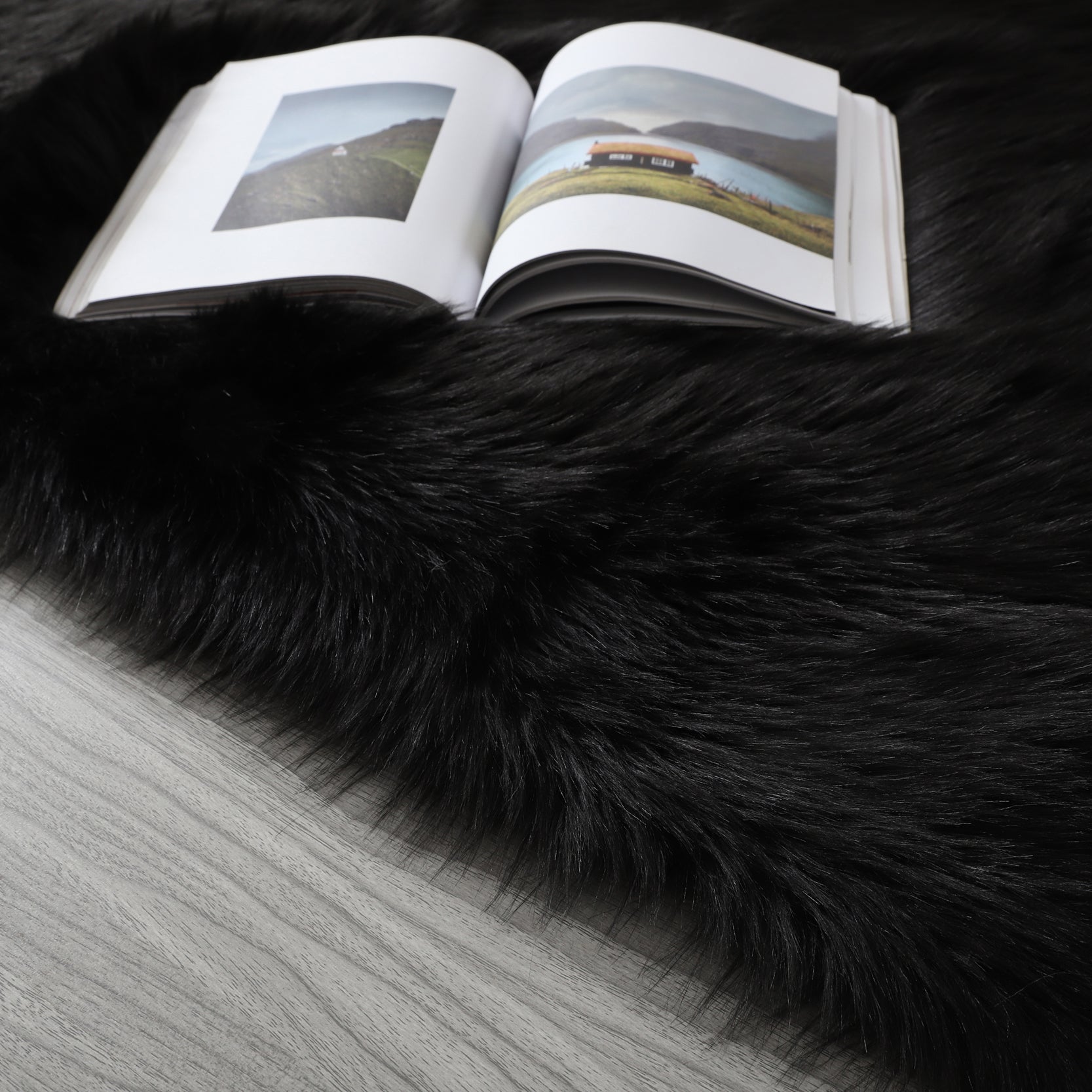 Furnings Cozy Ultra Soft Fluffy Faux Fur Black Area Rug - 5'L x 3'W