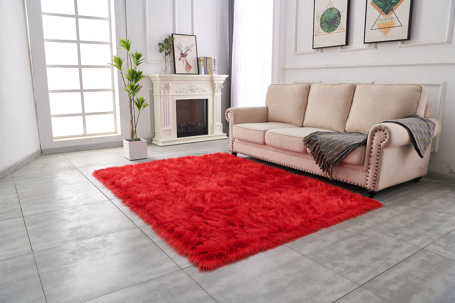 Furnings Cozy Ultra Soft Fluffy Faux Fur Red Area Rug - 5'L x 2'W