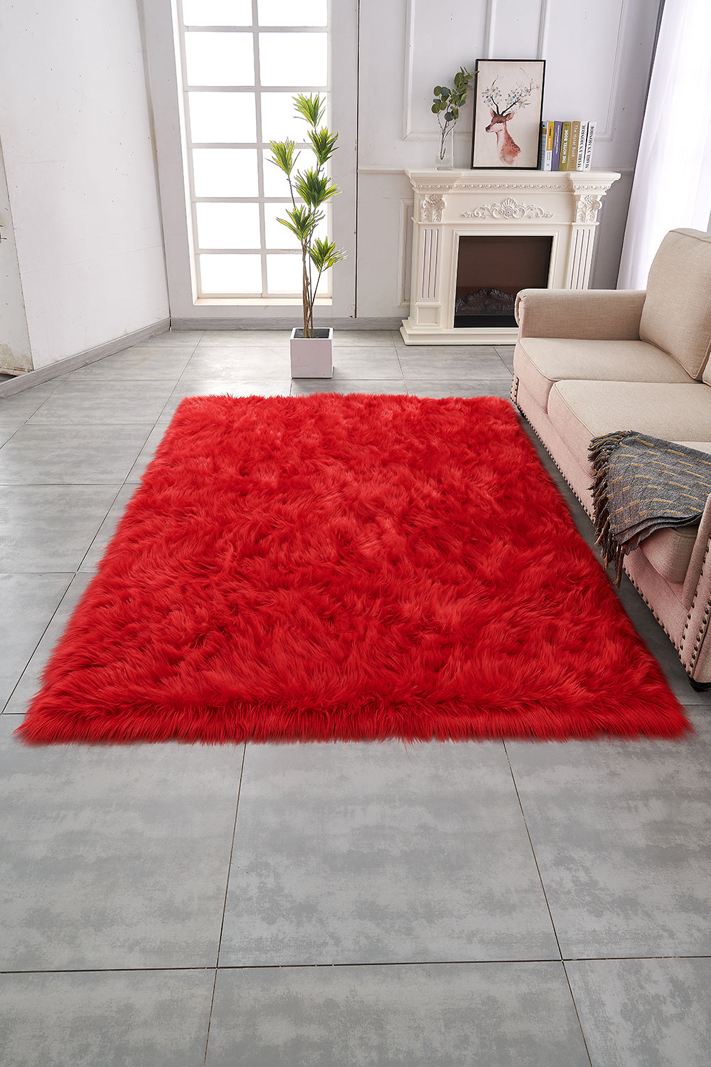 Furnings Cozy Ultra Soft Fluffy Faux Fur Red Area Rug - 7'L x 5'W
