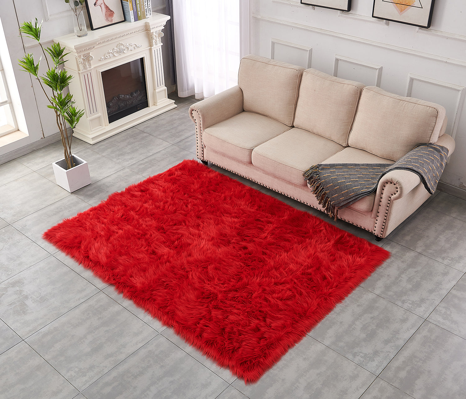 Furnings Cozy Ultra Soft Fluffy Faux Fur Red Area Rug - 7'L x 5'W
