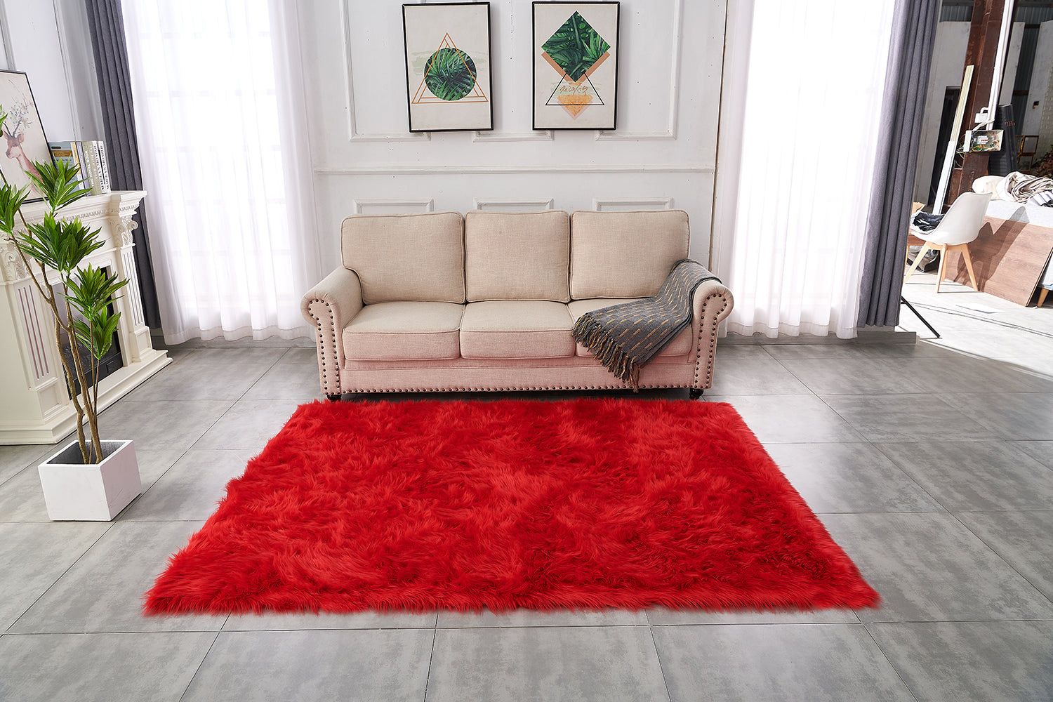 Furnings Cozy Ultra Soft Fluffy Faux Fur Red Area Rug - 7'L x 5'W