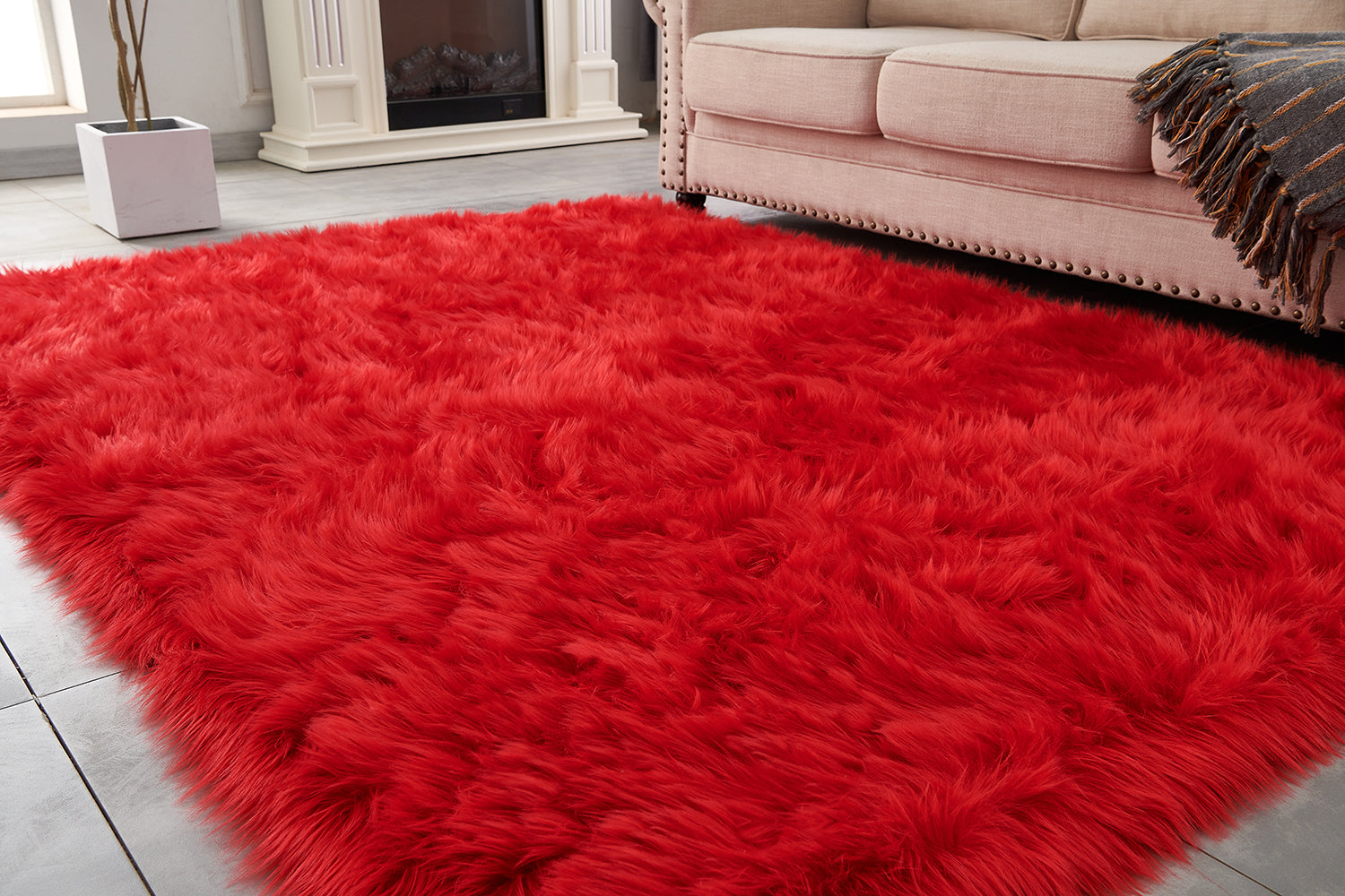 Furnings Cozy Ultra Soft Fluffy Faux Fur Red Area Rug - 7'L x 5'W